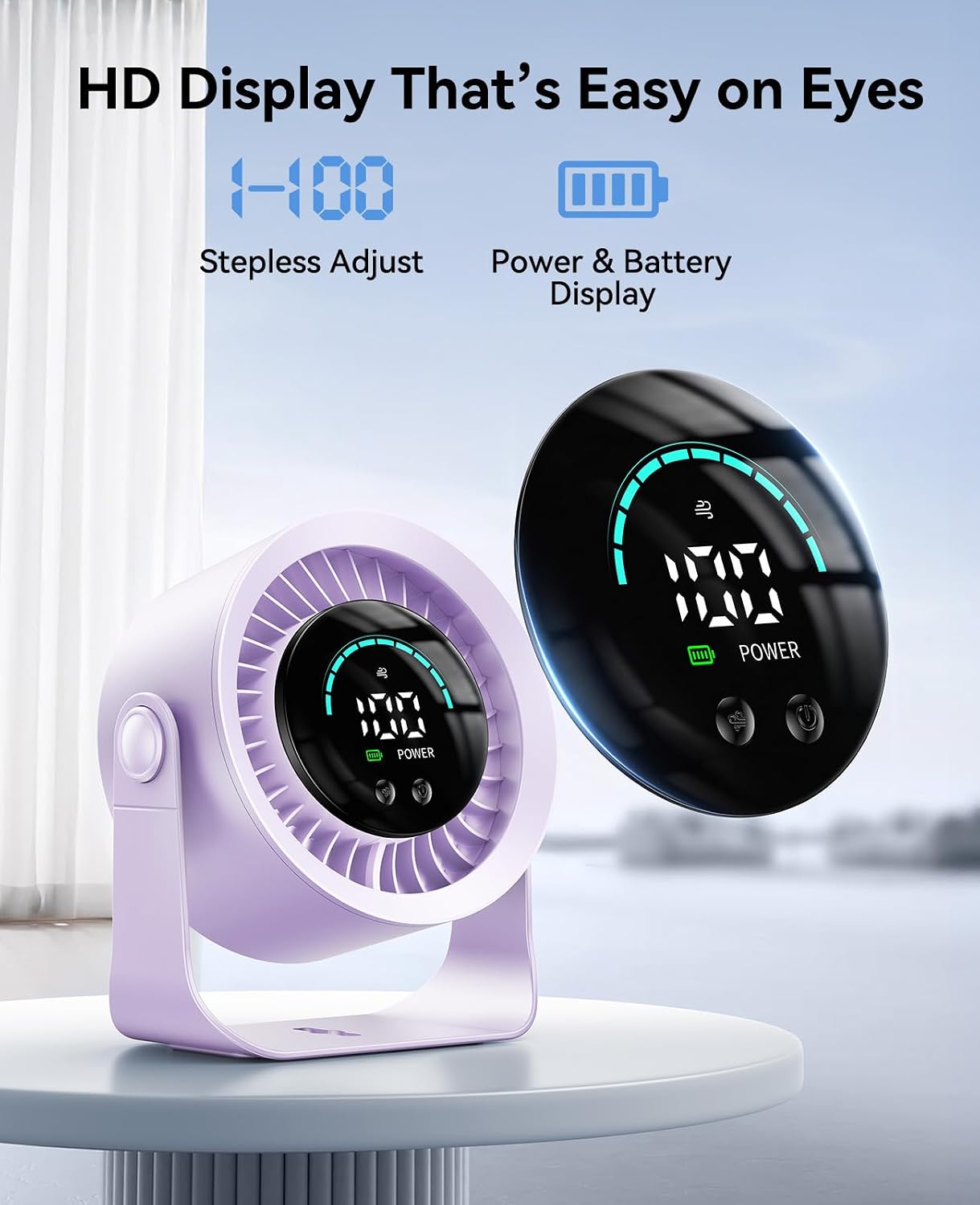 DIGIX Portable Desk Fan, 100 Speeds, 360° Rotation, USB Rechargeable | Quiet LED Display Table Fan with Wall Mount Design. Small Personal Cooling Fans for Home, Bedroom, Office & Travel, Purple