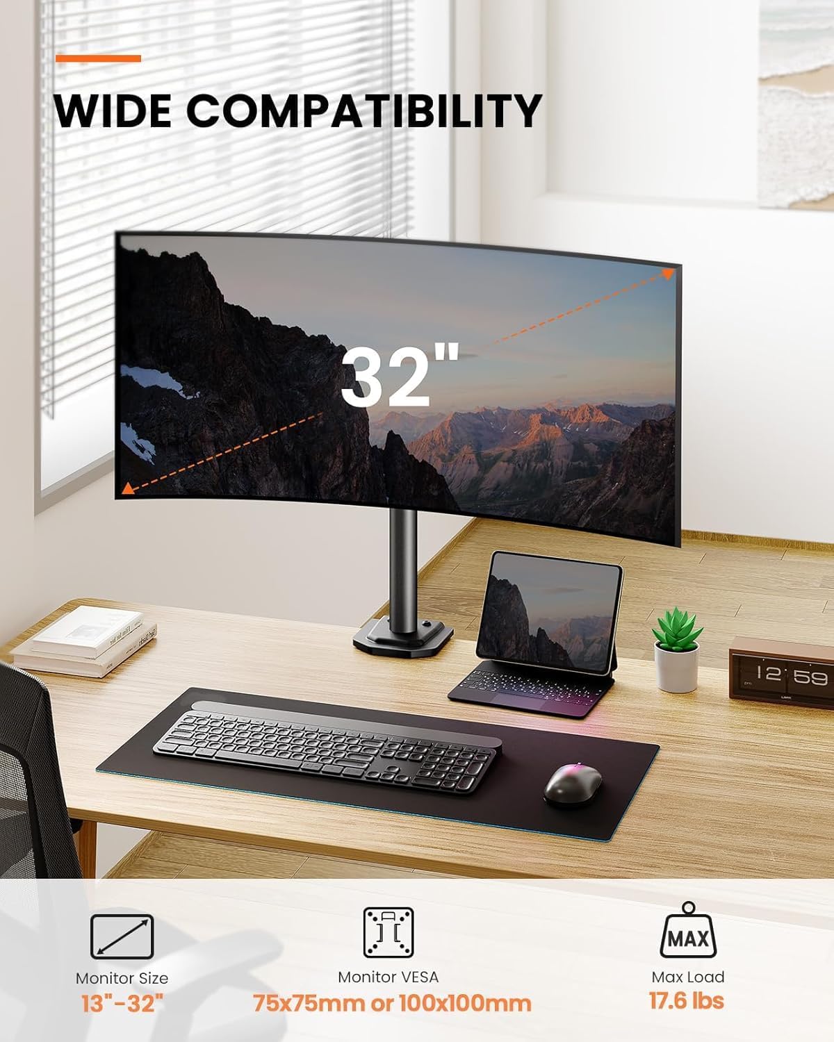 Ergear Single Monitor Mount for 13-32 Inch Screens,17.6 lbs Capacity | Steel pole design,tilt, swivel, rotation,cable clips,desk space saving, home office setup, VESA 75x75/100x100mm