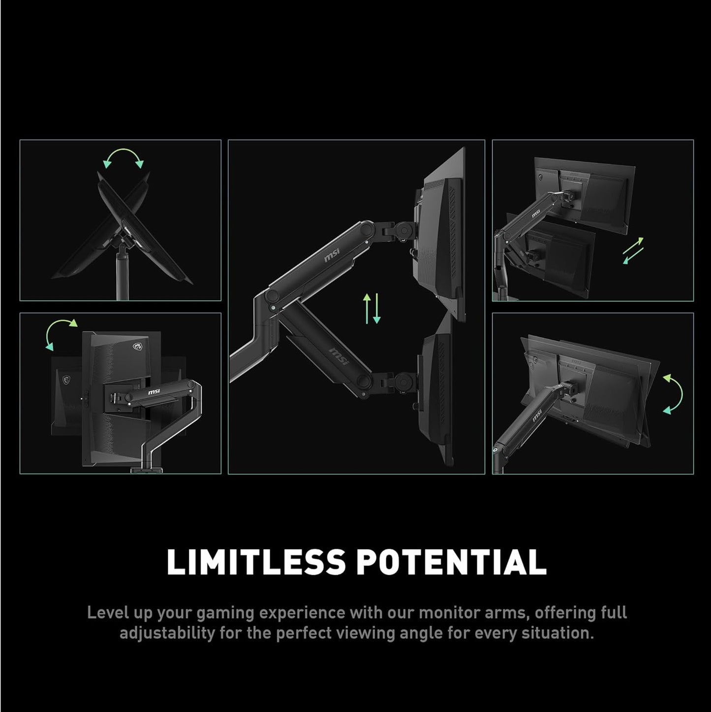 MSI MAG MT201 - Premium Heavy Duty Single Monitor Stand Arm, Supports 17-49" Screens and 44 lbs, VESA Compatible, Adjustable Spring Assisted Mount, Clamp & Grommet, Quick Release Plate - Black