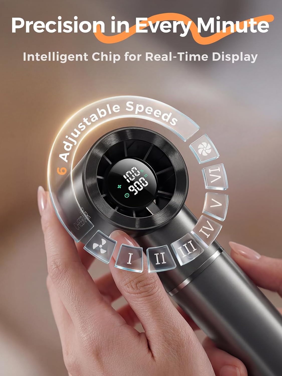 Handheld Portable Fan, 6-Speed Rechargeable Powerful Mini Fan | 5000mAh Battery Up to 15 Hours Runtime, Smart LED Display, Pocket Turbo Personal Fan for Travel, Camping, Makeup