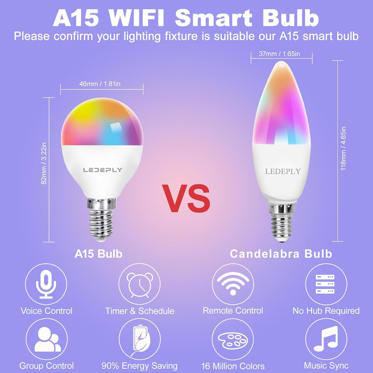 A15 Smart Bulb, E12 WiFi LED Bulbs, Compatible with Alexa Google, 4 Pack