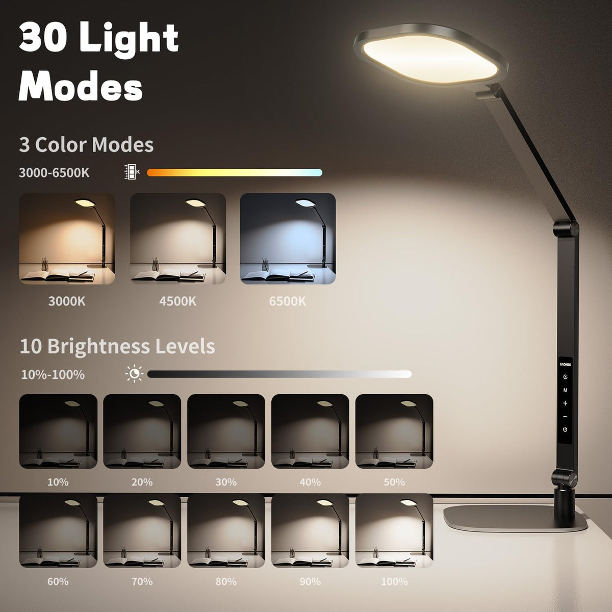 LitONES LED Desk Lamp for Home Office, Soft Edge-lit Design - Modern Style | Eye-Caring Diffused Light, Professional Computer Light for Reading, Crafts & Zoom, Dimmable with 30 Modes, Memory & Timer