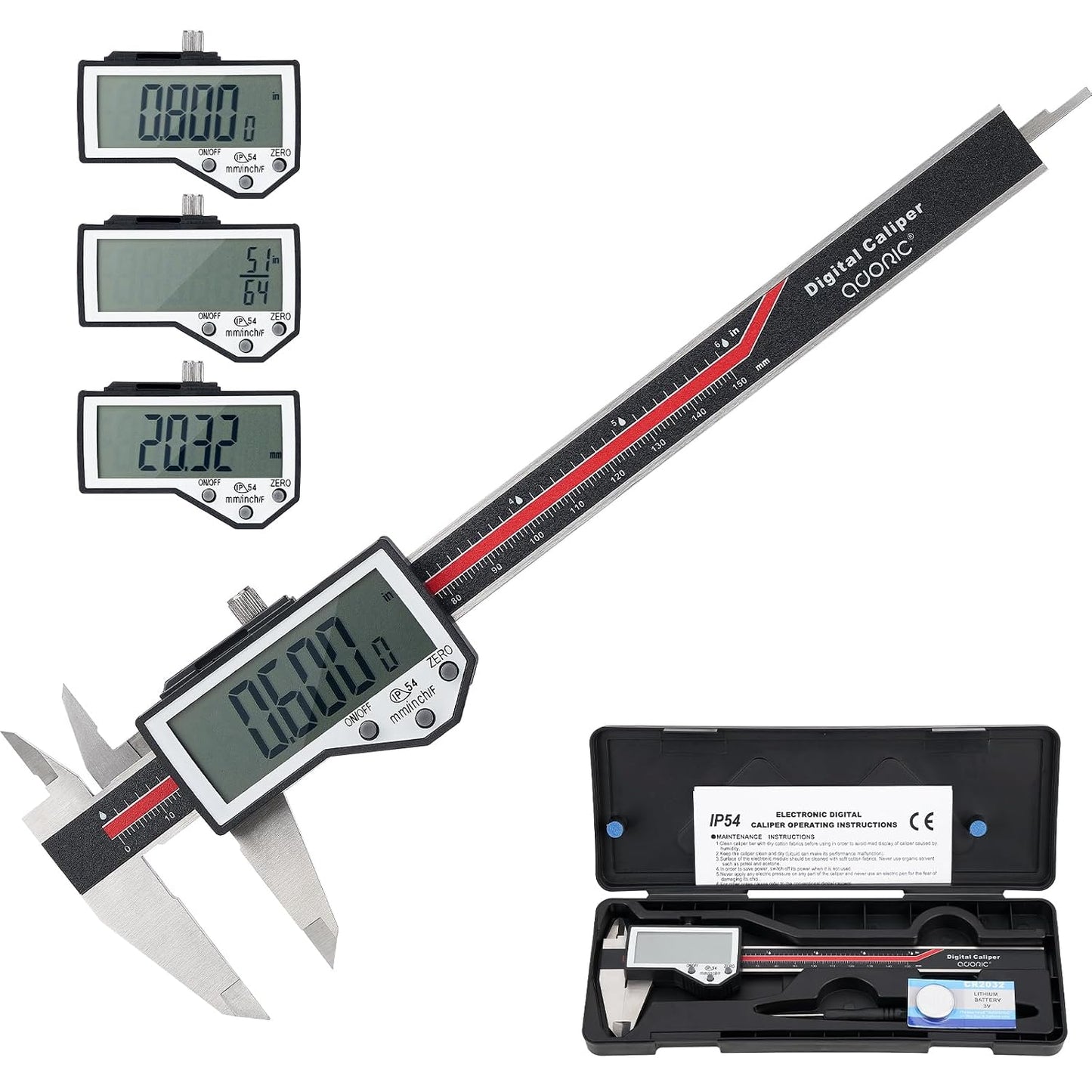Adoric Digital Caliper, Electronic Digital Caliper Stainless Steel Body with Large LCD Screen | 0-6 Inches | Inch/Millimeter Conversion