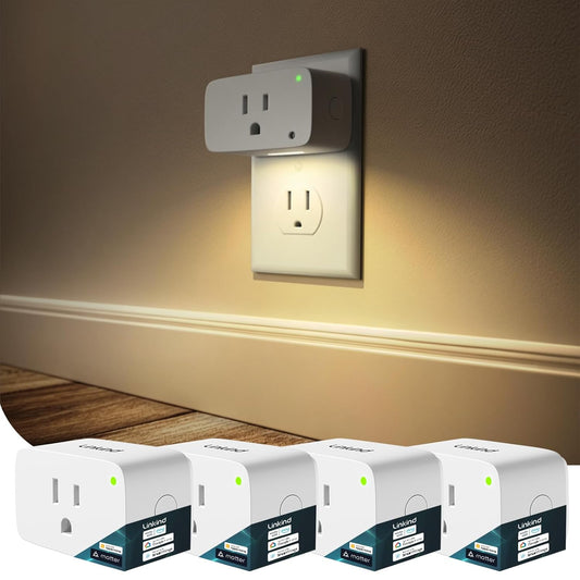 Linkind Matter Smart Plug 4 Pack, Night Lights Plug into Wall, Work with Alexa, Apple Home, Google, Timer Outlet 15A/1800W, ETL Certified, 2.4G WiFi, Dusk to Dawn 2700K, for Hallway, Bathroom, Kids