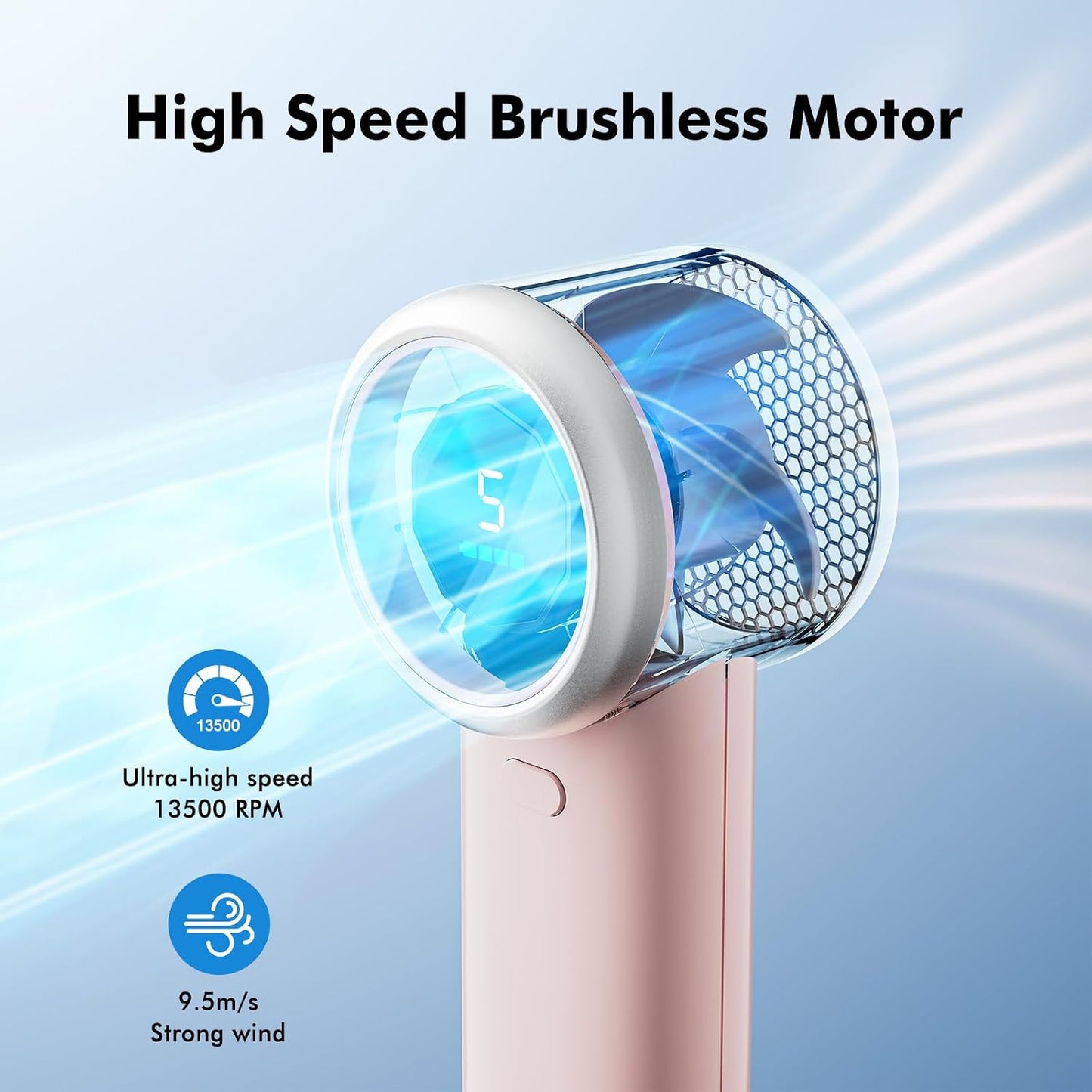 WHATOOK Portable Handheld Turbo Fan, 5 Speeds Mini Personal Fan with 4000mAh Rechargeable Battery, Small Pocket Fan for Travel Essentials, Beach, Office, Gifts for Women Men - Light pink