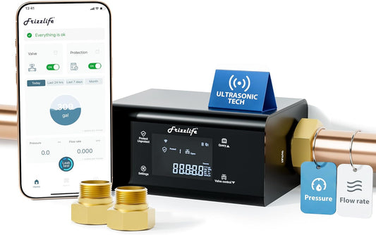Frizzlife LP365-P Smart Water Monitor and Automatic Shutoff - 0.01 GPM Ultrasonic Micro Leak Detection, Wi-Fi / APP Control, Pressure+Flow Monitoring, 24/7 Water Usage Reports, Fits 3/4" and 1"