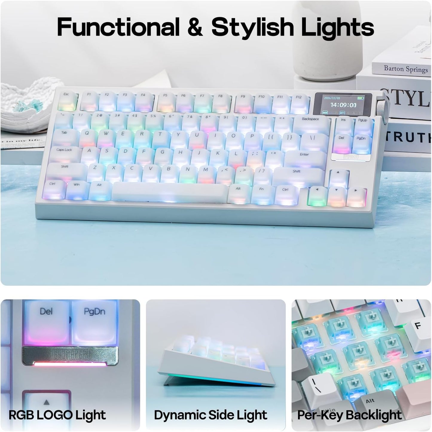 EPOMAKER G84 PRO Wireless Gaming Keyboard w/Screen&Knob, Silicone Keycaps | 8000mAh, Hot-Swap, BT5.0/2.4G/USB-C Mode, RGB, 75% Creamy Mechanical Keyboard for Gamers/Office (White, Creamy Jade Switch)