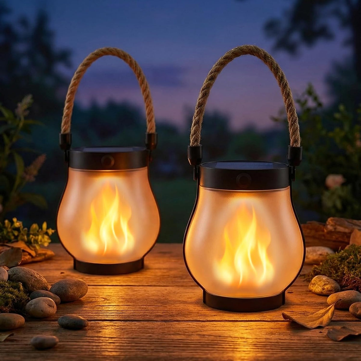 Solar Lanterns Outdoor Waterproof 4-Pack, Flickering Flame Effect | Rechargeable lanterns with USB-C charging, a decorative hanging design, and dusk-to-dawn use for patios, porches and gardens