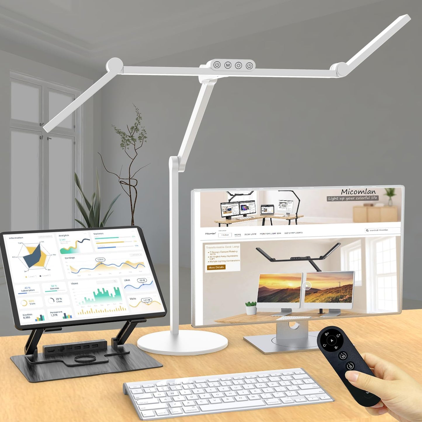 Architect Desk Lamp for Home Office, 24W Adjustable Led Desk Light with Remote, 1500LM Bright Dimmable Computer Table Light Rotatable Office Lamp with Base for Cafting Monitor
