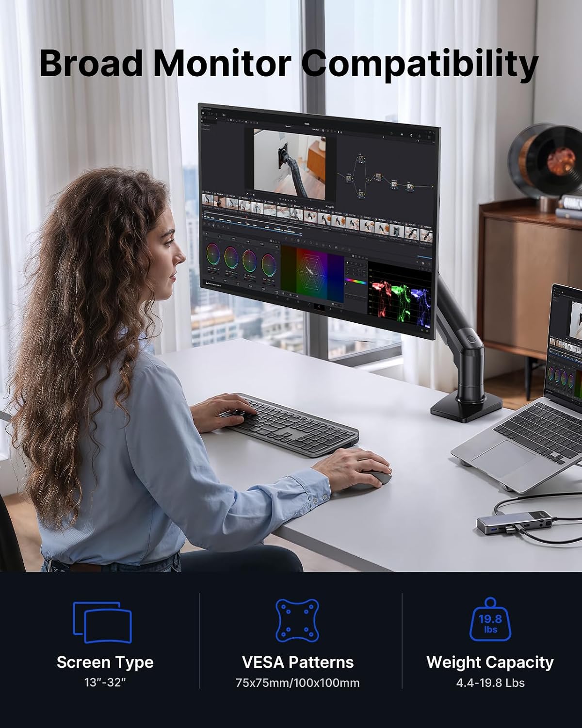 HUANUO FlowLift™ Single Monitor Mount, 13 to 32 Inch Monitor Arm, Adjustable Monitor Stand, Vesa Mount with Clamp and Grommet Base - Fits 4.4 to 19.8lbs LCD Computer Monitors