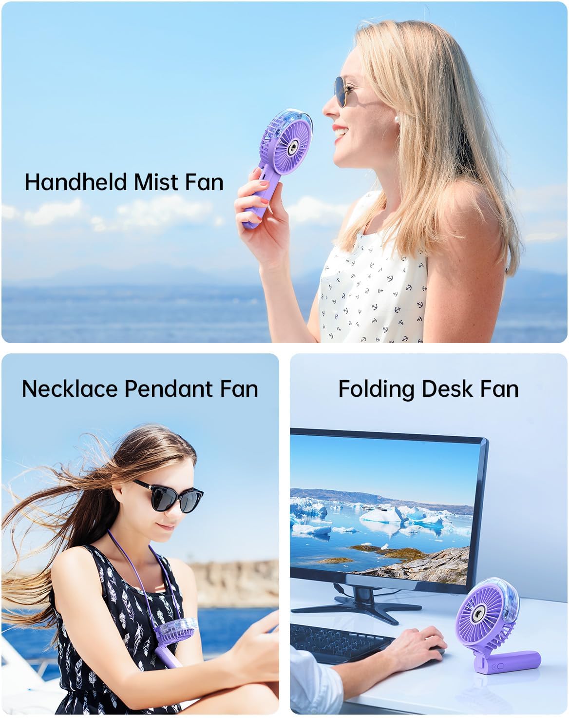 SWEETFULL Portable Misting Fan - 180° Foldable Handheld Personal Fan with Mist Spray, 3 Speeds, 30ml Water Tank, USB Rechargeable for Travel, Outdoors, Makeup, Camping, Home, and Office Use