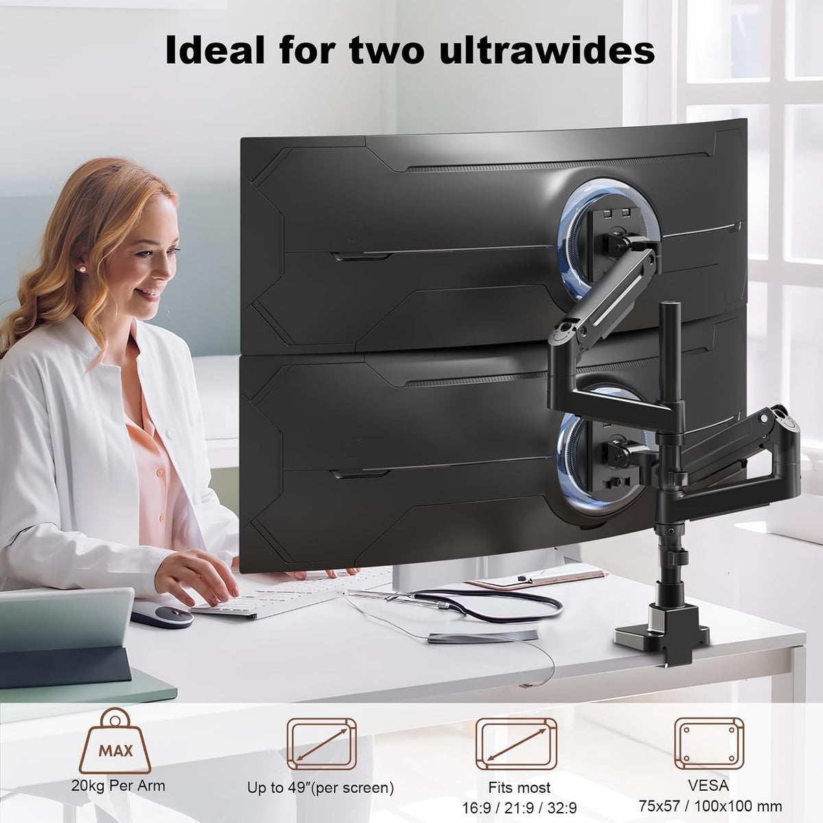 Heavy Duty Dual Monitor Arm for 17-49" Screens, Vertical Stack, 44lbs