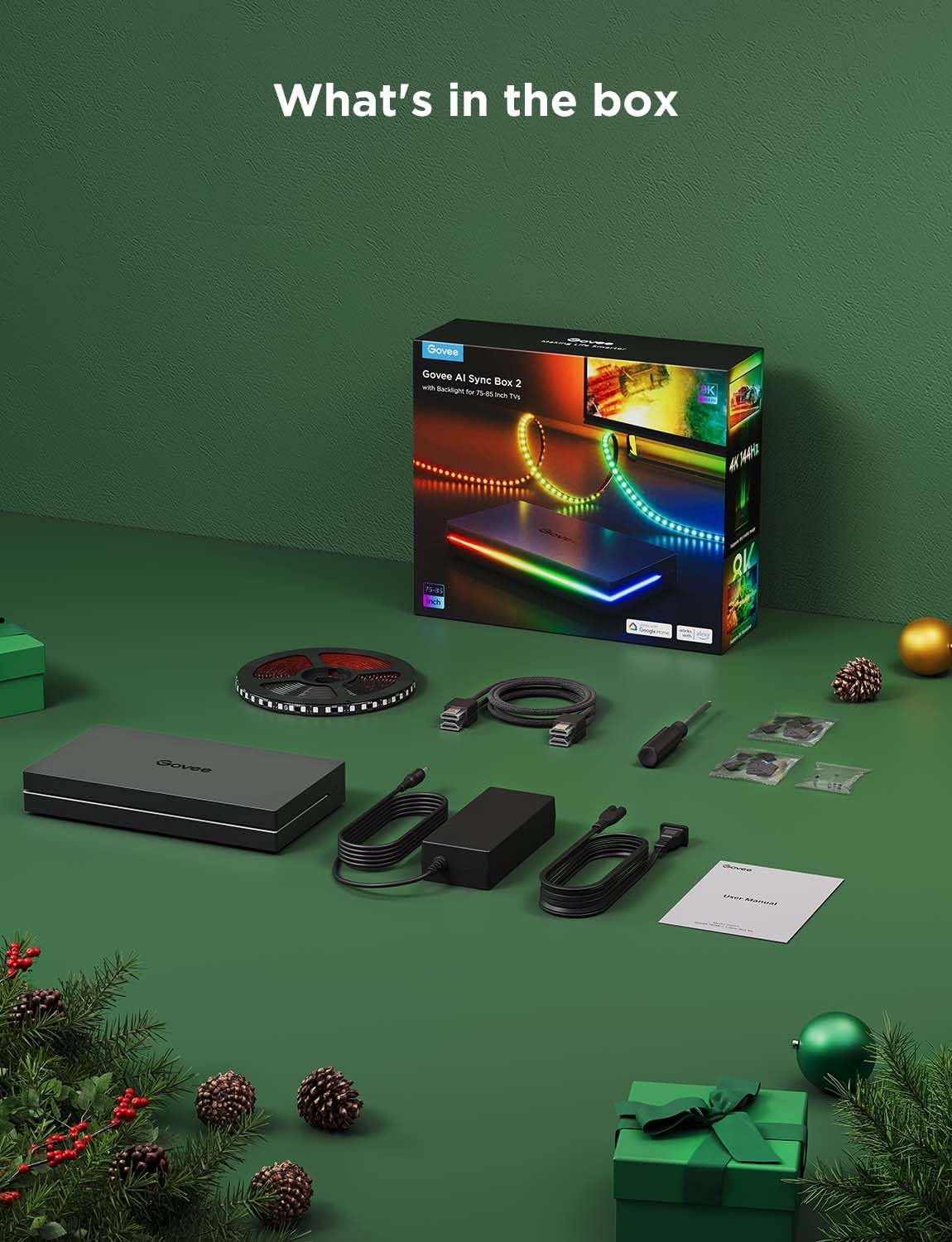 Govee HDMI 2.1 AI Sync Box 2, 8K/4K @144Hz, RGBWIC for 75-85 Inch TVs | With TV Backlight, Supports VRR & ALLM, SmartThings & Matterr & Alexa, AI CogniGlow, 75 LEDs/m