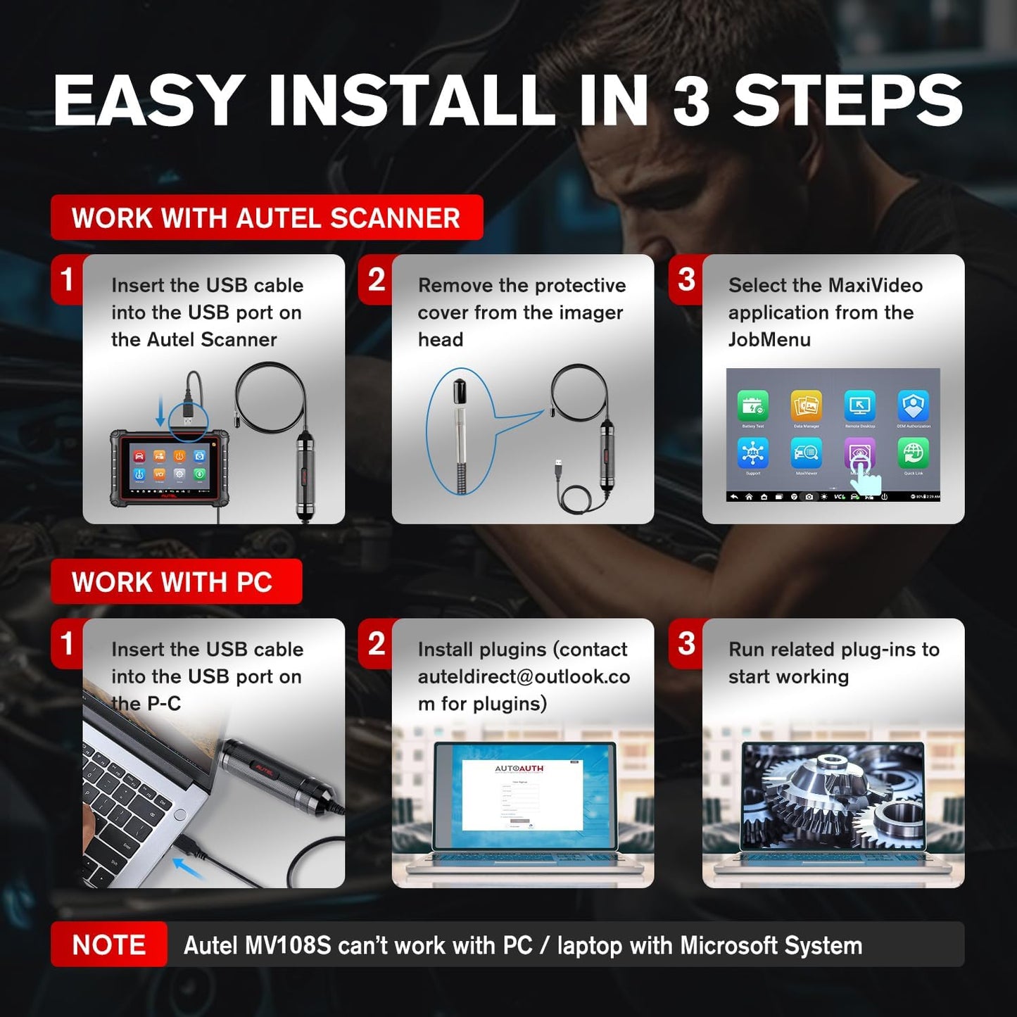 2026 Autel MaxiVideo MV108S Digital Inspection Camera, 2MP 1920x1080 | IP67 Waterproof USB Endoscope, 8.5mm Borescope Snake Camera, 39.37'', LED Light, Work w/Autel Scanner & P.C, Up MV108 MV105S
