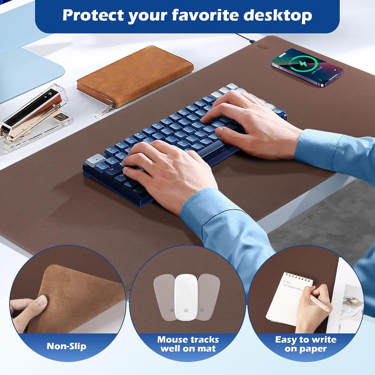 Wireless Charging Desk Mat, Mouse Pad, Brown-R, 32 * 16inch