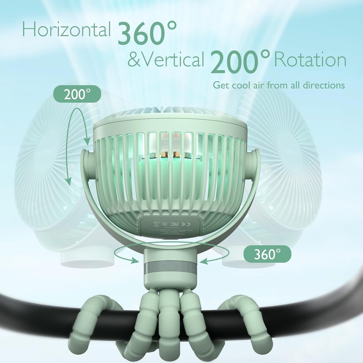 Momcozy 8000mAh Portable Stroller Fan, 27H Ultra-long Battery Life | Detachable 4 Speed 360°Rotate LED Night Light with 2 Modes, USB Rechargeable Handheld Cooling Fan for Travel/Car Seat/Bedroom