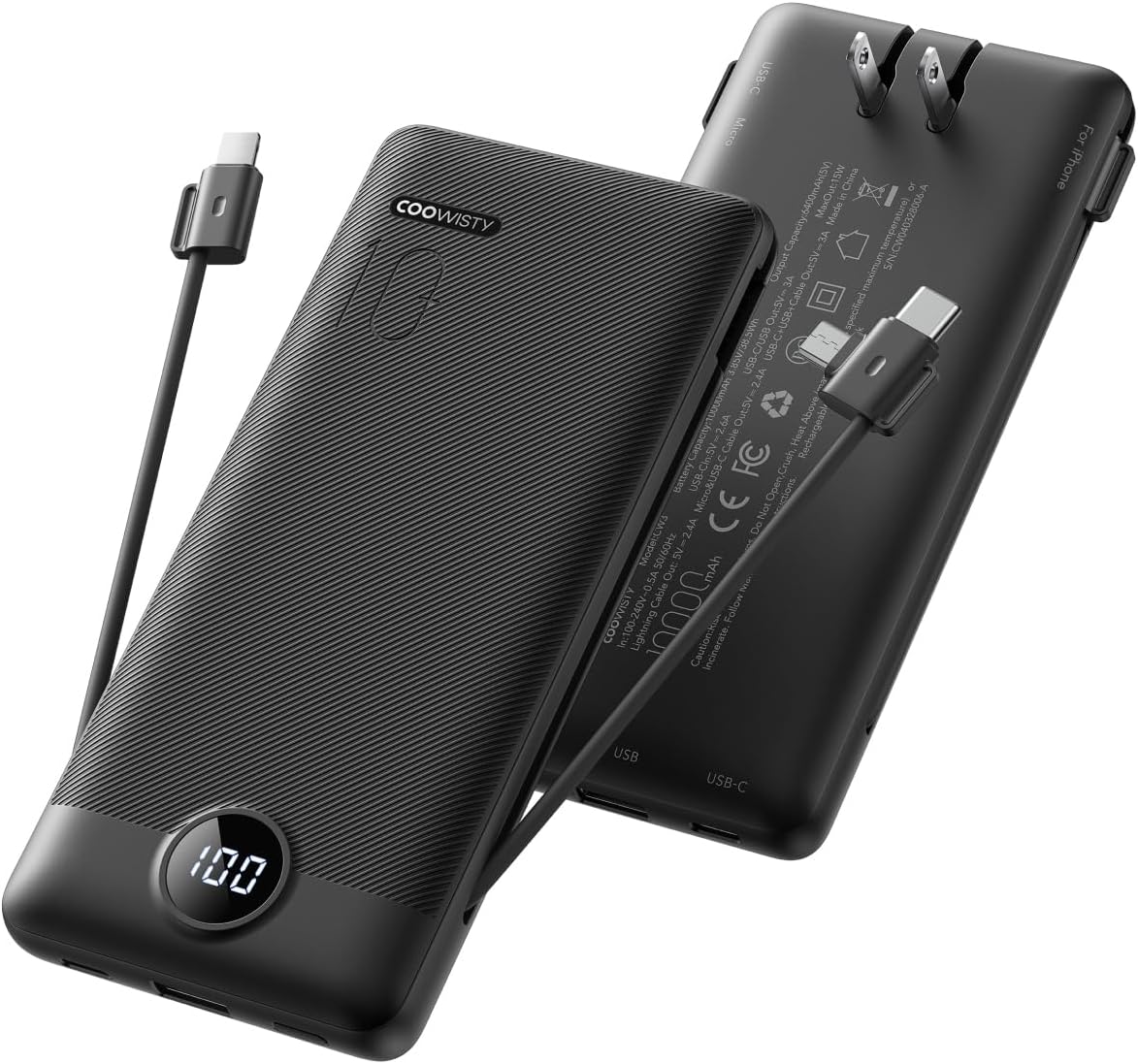Portable Charger with Wall Plug, Slim USB C Power Bank with Built-in Cables, 10000mah LED Display External Battery Pack Compatible with iPhone/Android & More (Black)