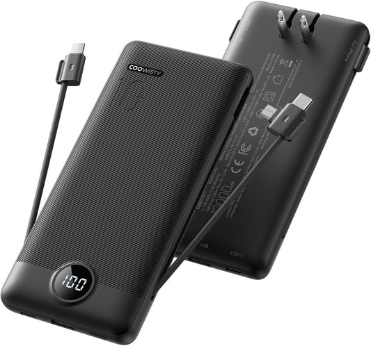 Portable Charger with Wall Plug, Slim USB C Power Bank with Built-in Cables, 10000mah LED Display External Battery Pack Compatible with iPhone/Android & More (Black)