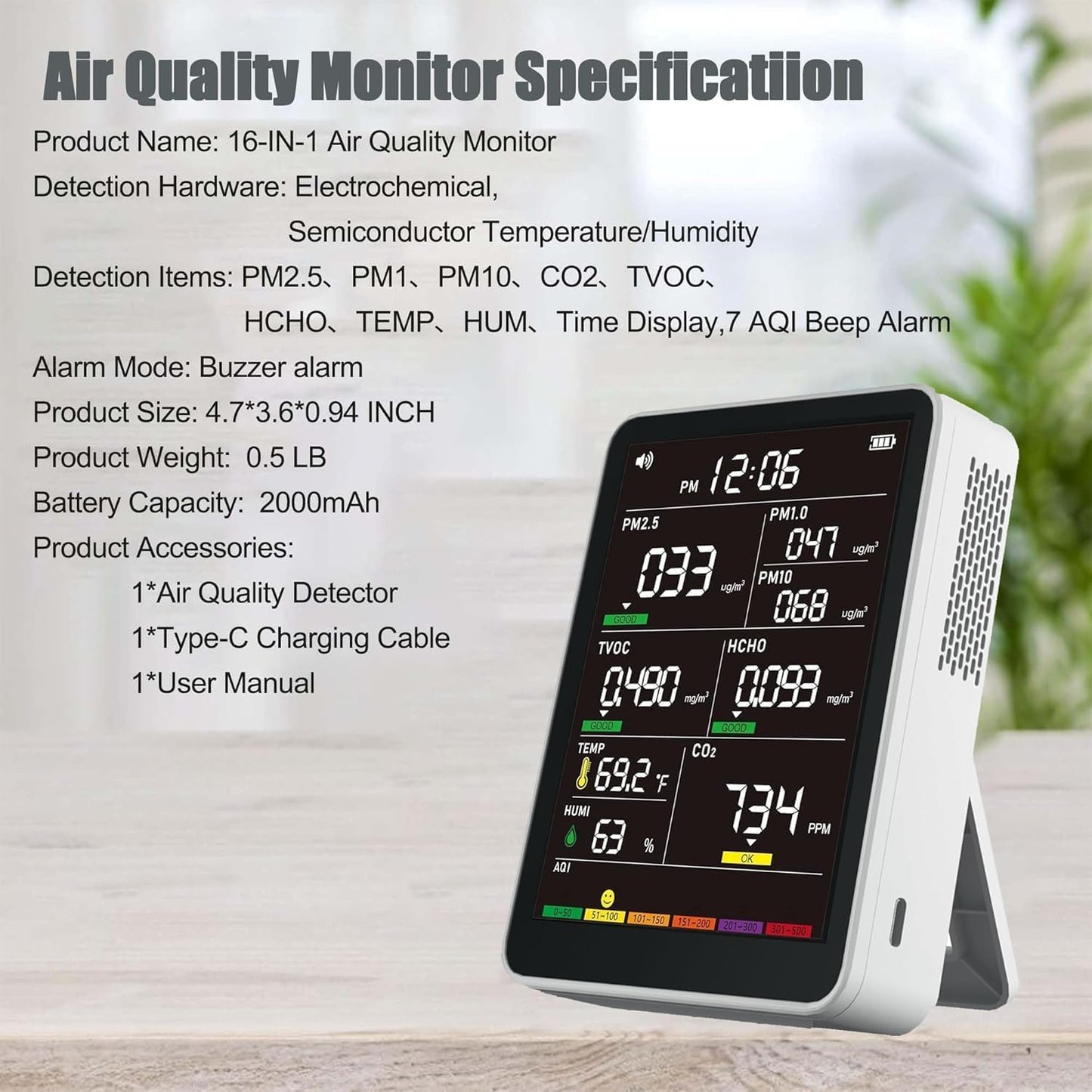 16-in-1 Indoor Air Quality Monitor, High-Precision Multi-Parameter Smart Air Quality Tester with HD Real-Time Color Screen, Portable Air Quality Monitor for Home, Office, Cars, School, Bedroom