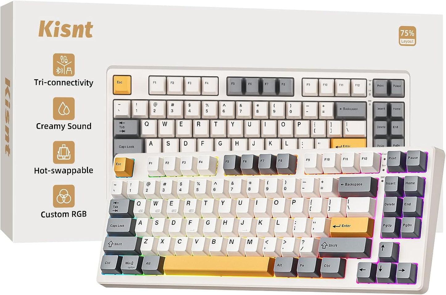 Kisnt KN85 Wireless Mechanical Keyboard, 75% Layout, Bluetooth/2.4GHz/USB-C, Custom RGB Backlit, Hot-Swappable Linear Switch, Creamy Sound for Gaming/Typing (Retro Beige)