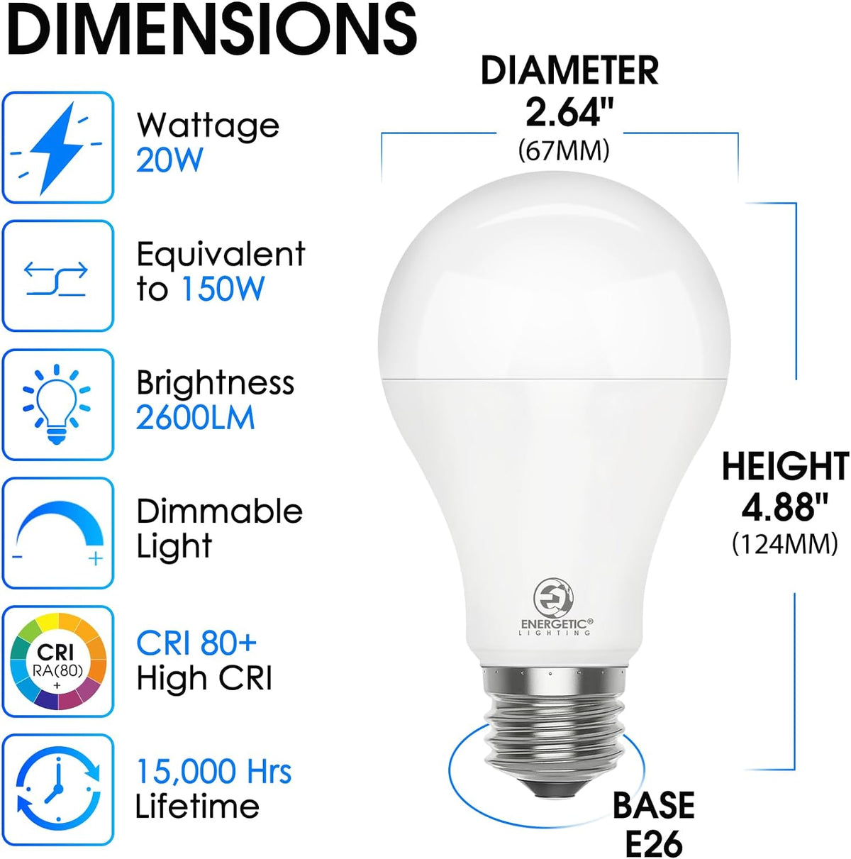 E ENERGETIC LIGHTING 4 Pack Dimmable A21 LED Bulb, 150 Watt Equivalent, Daylight 5000K, 2600LM Super Bright Light Bulbs, E26 Standard Base, Damp Rated, UL Listed