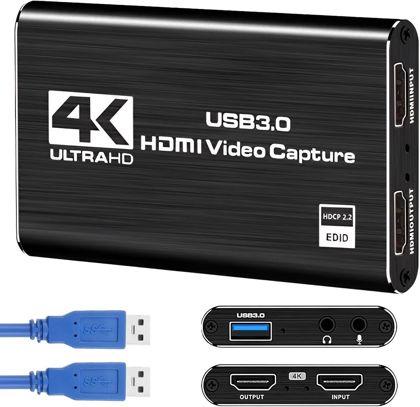 4K HDMI Video Capture Card for Streaming, 1080P 60FPS USB 3.0 Game Capture Device with Audio, Zero-Lag Capturadora De Video for Nintendo Switch PS5 Xbox PC OBS Live Recording