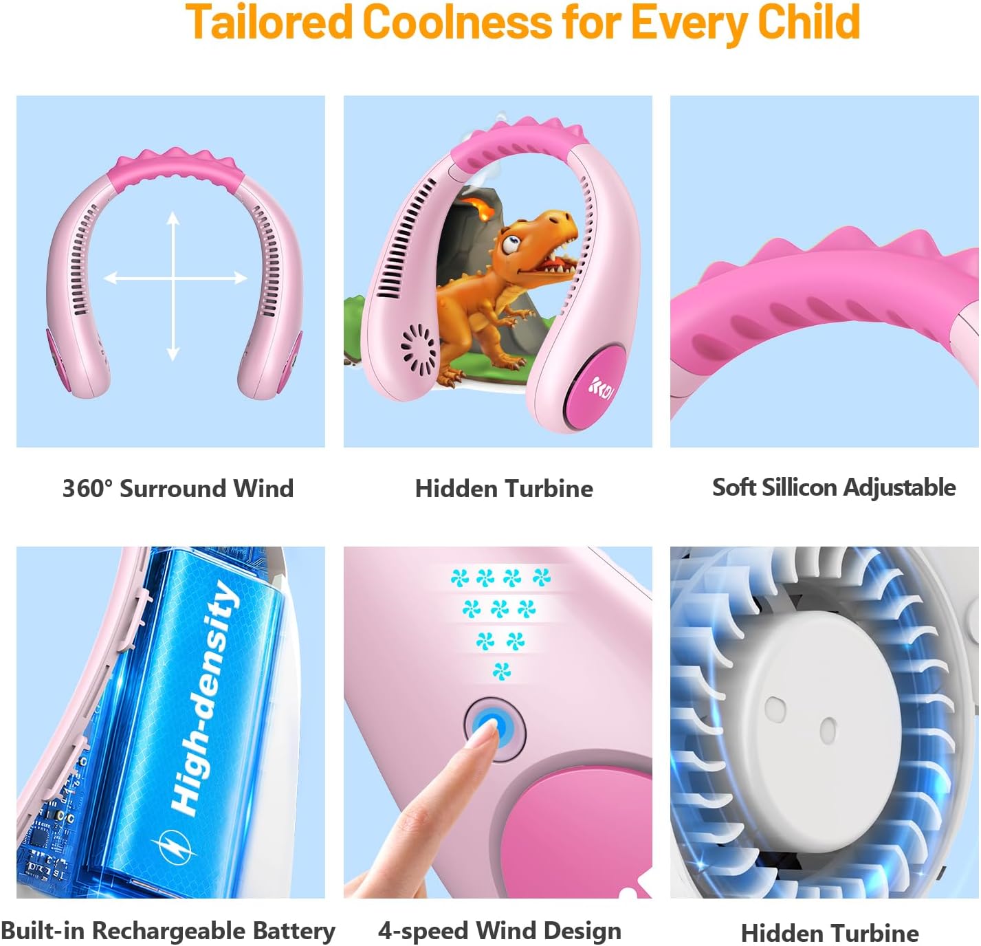 Kids Neck Fan, Portable Bladeless Fans for Kid 4-14Y Girls & Boys, 2600mAh USB Personal Mini Cooling Fan for Travel/Camping/Study, 4 Speeds, Lightweight, Compact, Perfect Summer Gifts for Kids