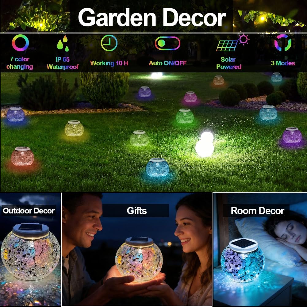 Solar Table Lights Outdoor,Color Changing Crack Glass Ball Lantern | 3 Modes Waterproof LED Table Lamp Night Light, Indoor Outdoor Decor for Garden Patio Bar Party Yard Room, Gifts for Women