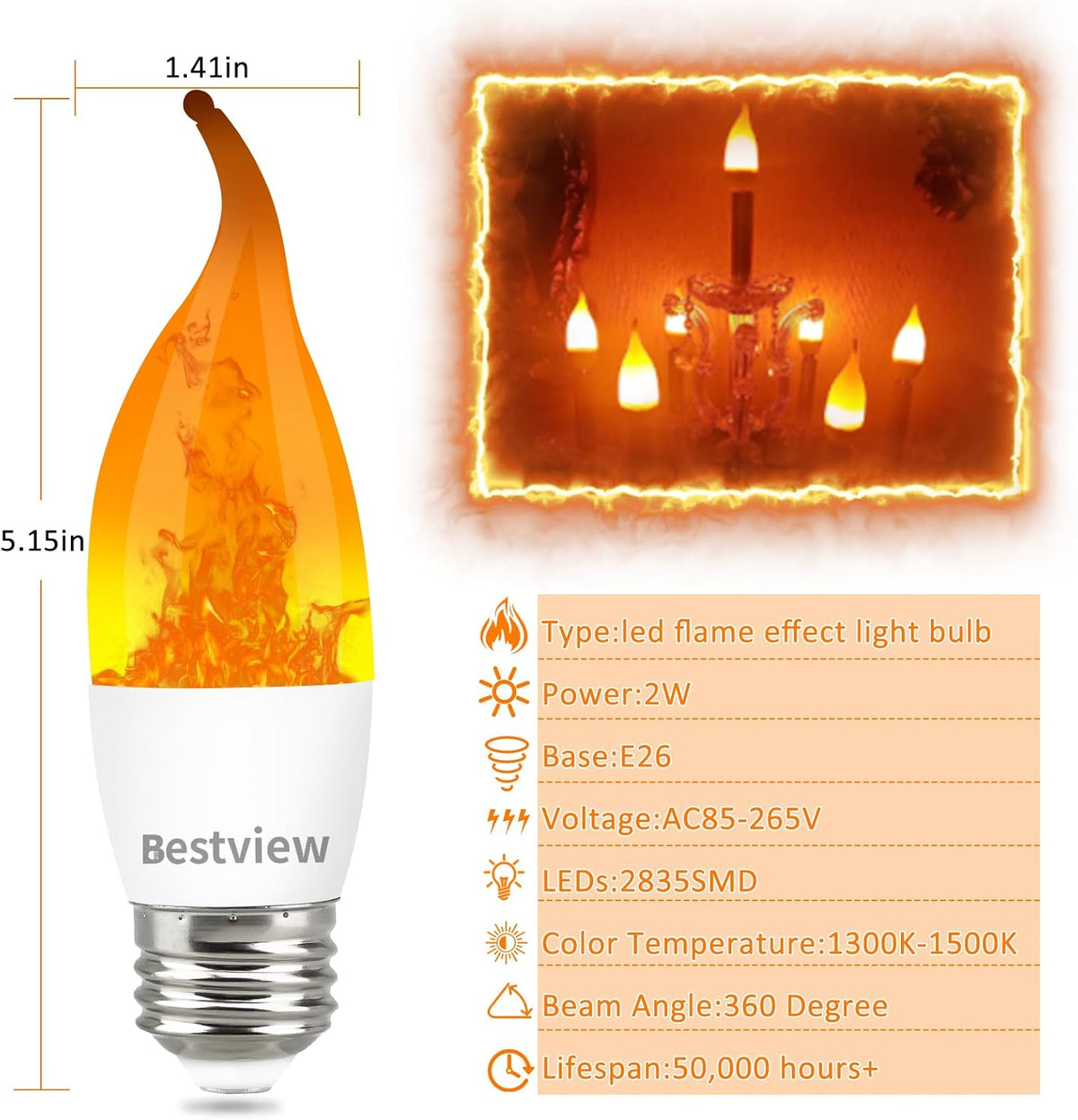 Bestview LED Flame Effect Light Bulbs,3 Modes Smart E26 Chandelier Base Flickering Candle Fire Light Bulb for Halloween, Christmas, Party, Porch, Indoor&Outdoor Home Decoration (8 Pack)