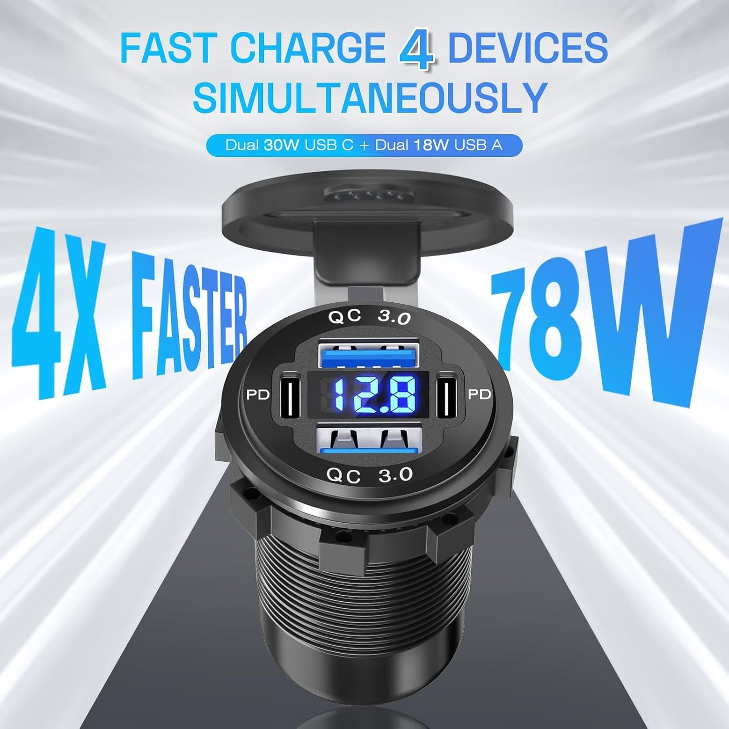 2Pcs 12V/24V Outlet with Voltmeter, Quick Charge 3.0 Dual USB Power Outlet, Waterproof Fast Charge USB Charger Socket DIY Kit for Car Boat Marine (2 Pack)
