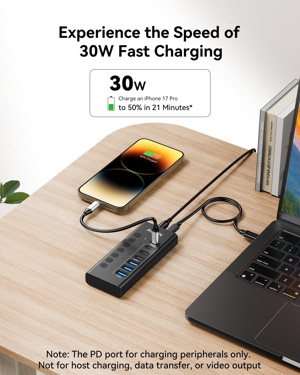 AGEEN USB C Hub, 7-Port 10Gbps Powered USB Hub, USB Splitter with 3 USB-A 3.2 and 3 USB-C 3.2 Ports, PD 30W Charging Port, 60W Power Adapter for PC, Laptop, MacBook, iPad, iPhone, Flash Drive