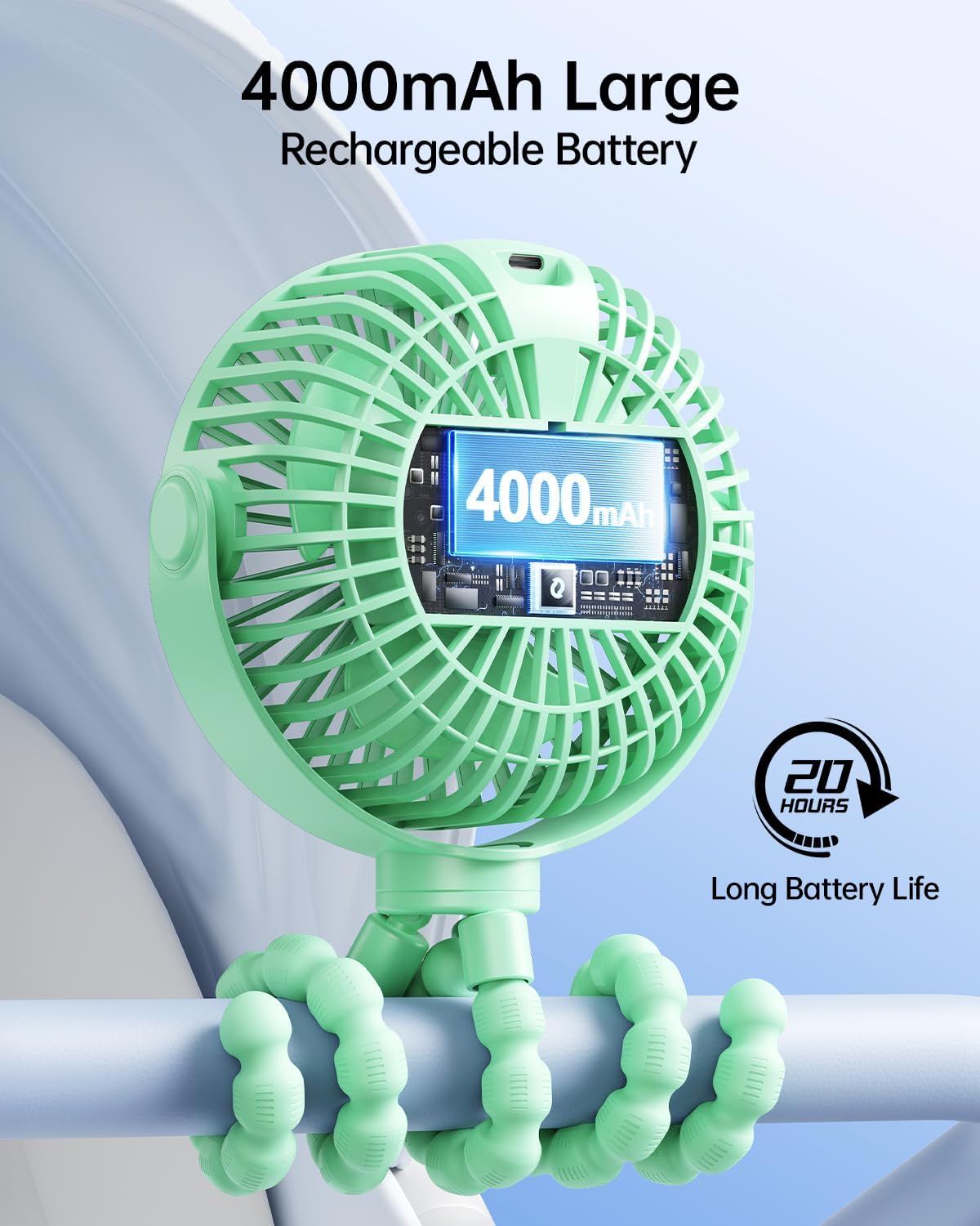 SWEETFULL Portable Stroller Fan with LED Display, 4 Speed Rechargeable Mini Clip On Fan, 360° Rotate Flexible Tripod Better Cooling Small Baby Fan for Car Seat Crib Travel Bike Treadmill (Green)