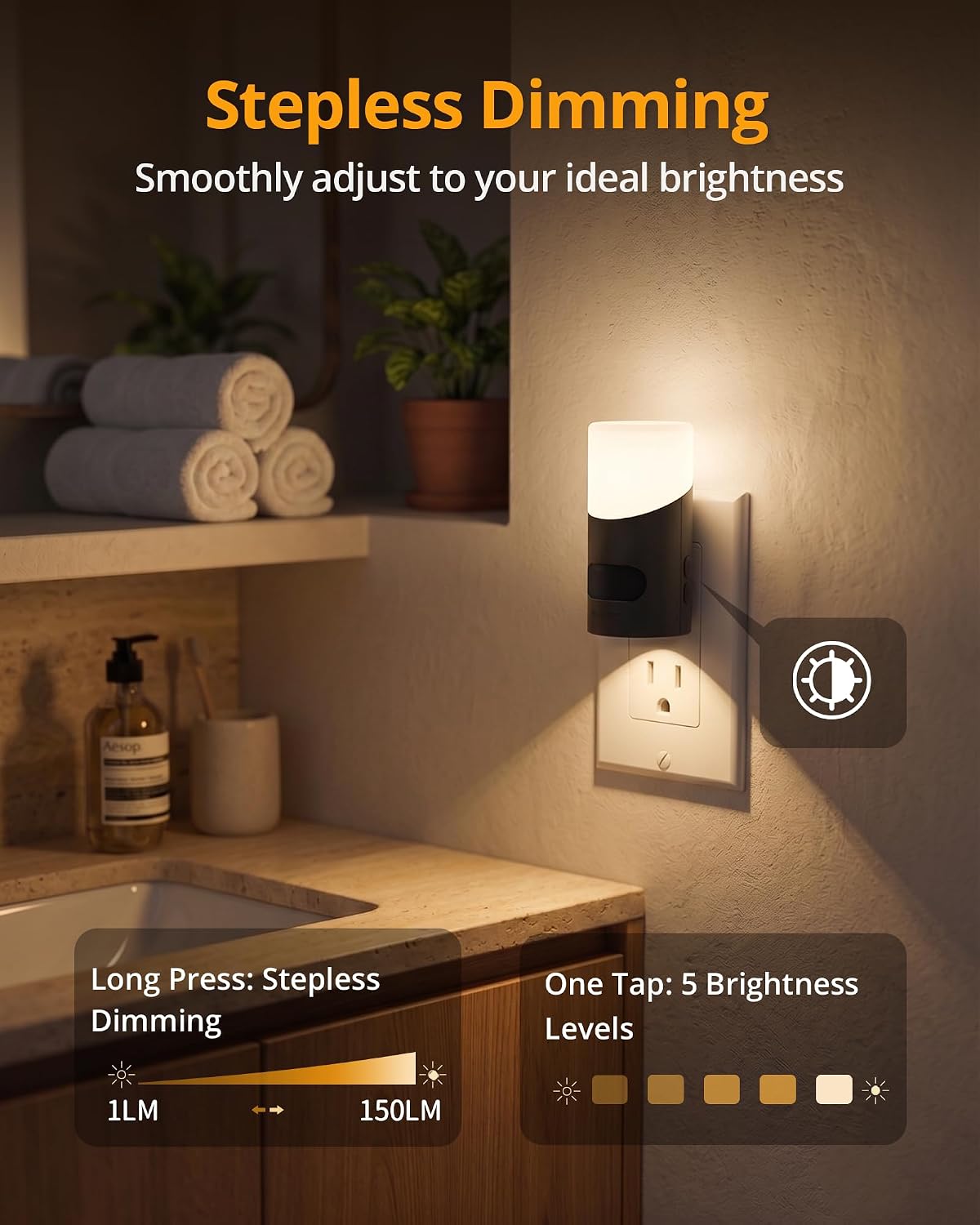 Lyridz LED Night Lights Plug into Wall with Motion Sensor, 1-150LM Dimmable Plug-in Nightlight Indoor for Bedroom, Bathroom, Hallway, Stairs, Pet House, Toilet, 2 Pack