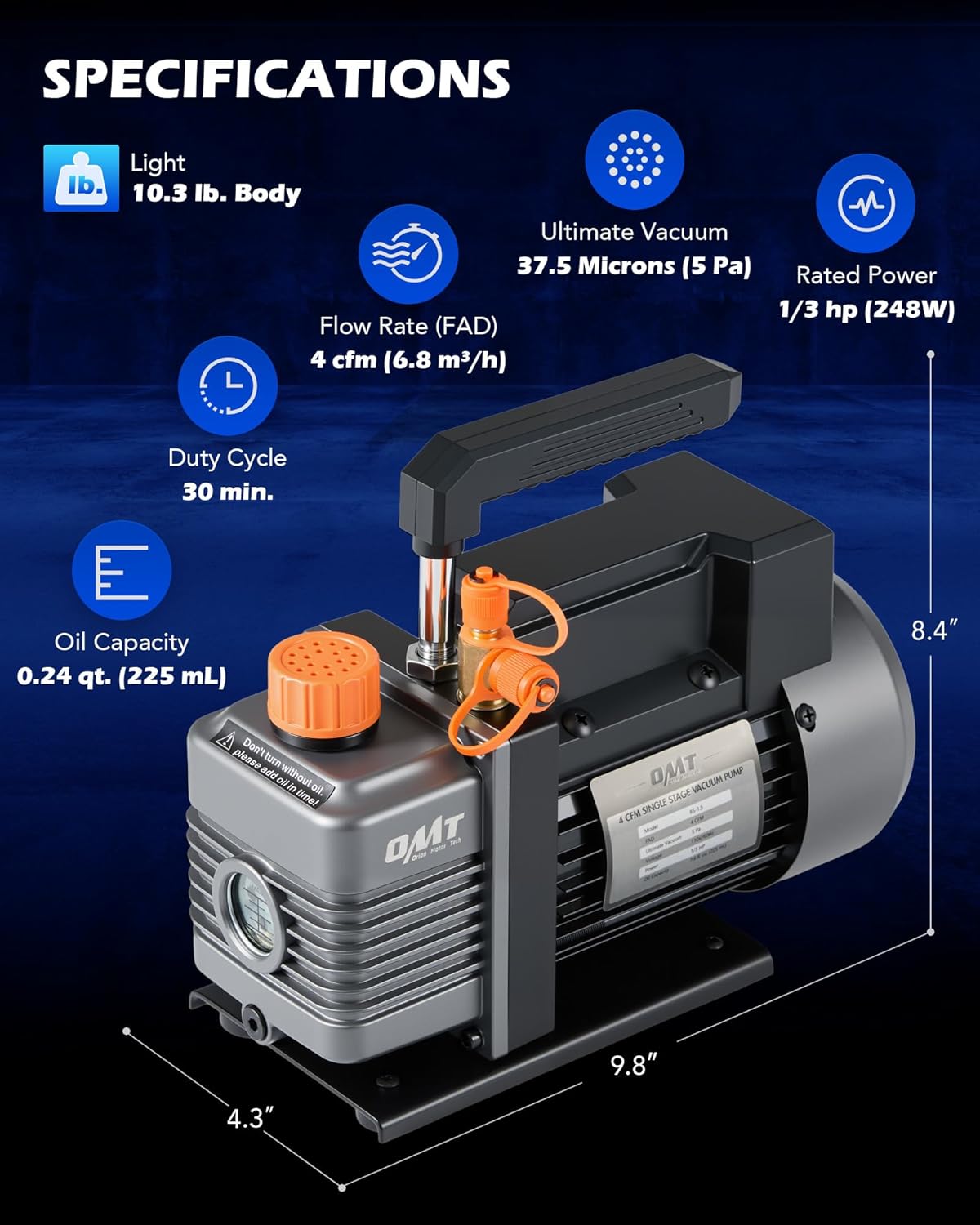 OMT 4 CFM AC Vacuum Pump and Gauge Set for R134a R12 R22 R502 | Copper Motor, Aluminum Alloy Casing; 3 Color Hoses, Can Taps, Adapters & Leak Detector; For Mini Split, HVAC & Auto Systems
