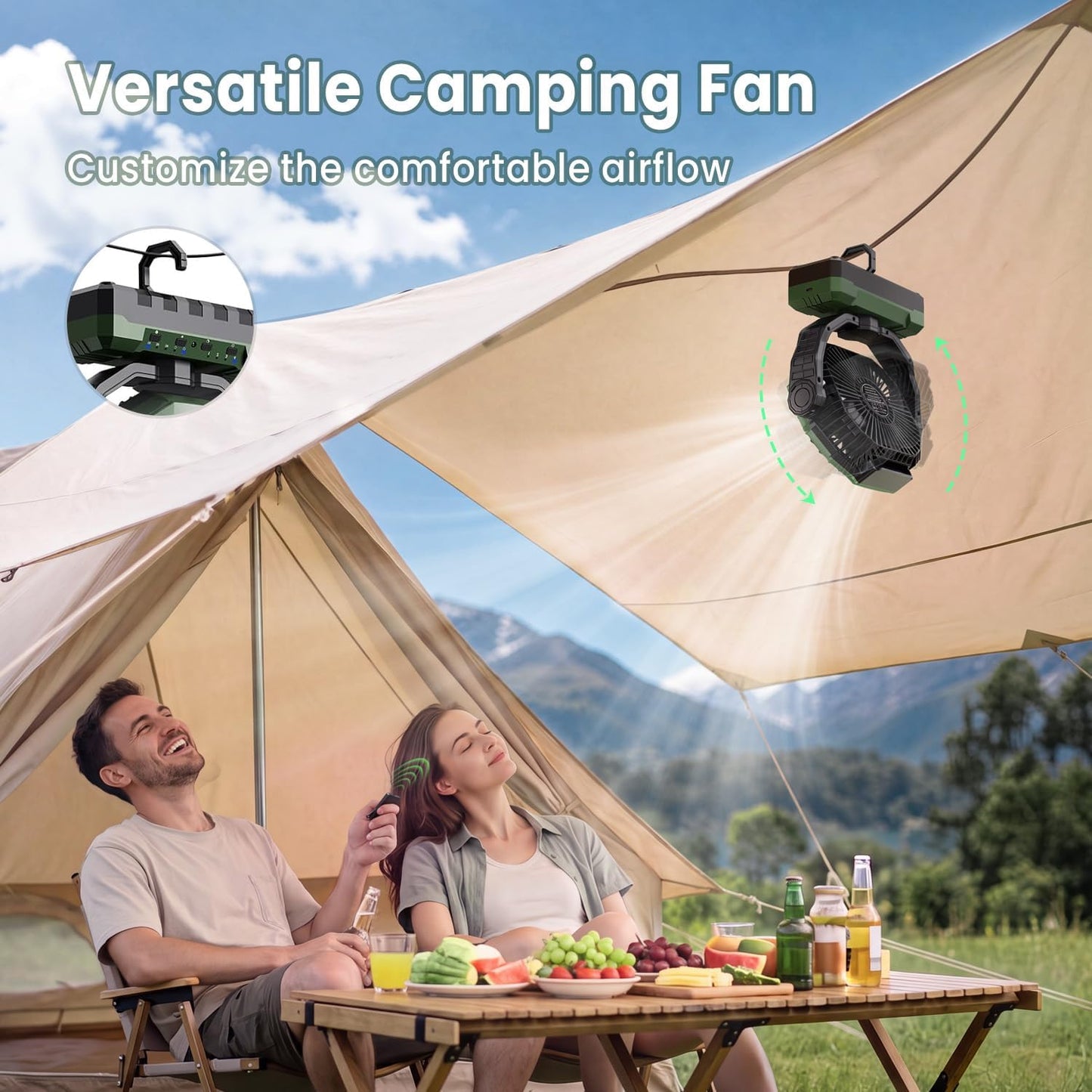 FRIZCOL 3-in-1 Camping Fan - Portable Fans Rechargeable - 24000mAh Battery Powered Fan with Light & Remote for Indoor, Outdoor, Tent, Travel, Fishing, Jobsite, Gifts for Men Dad Him - Green