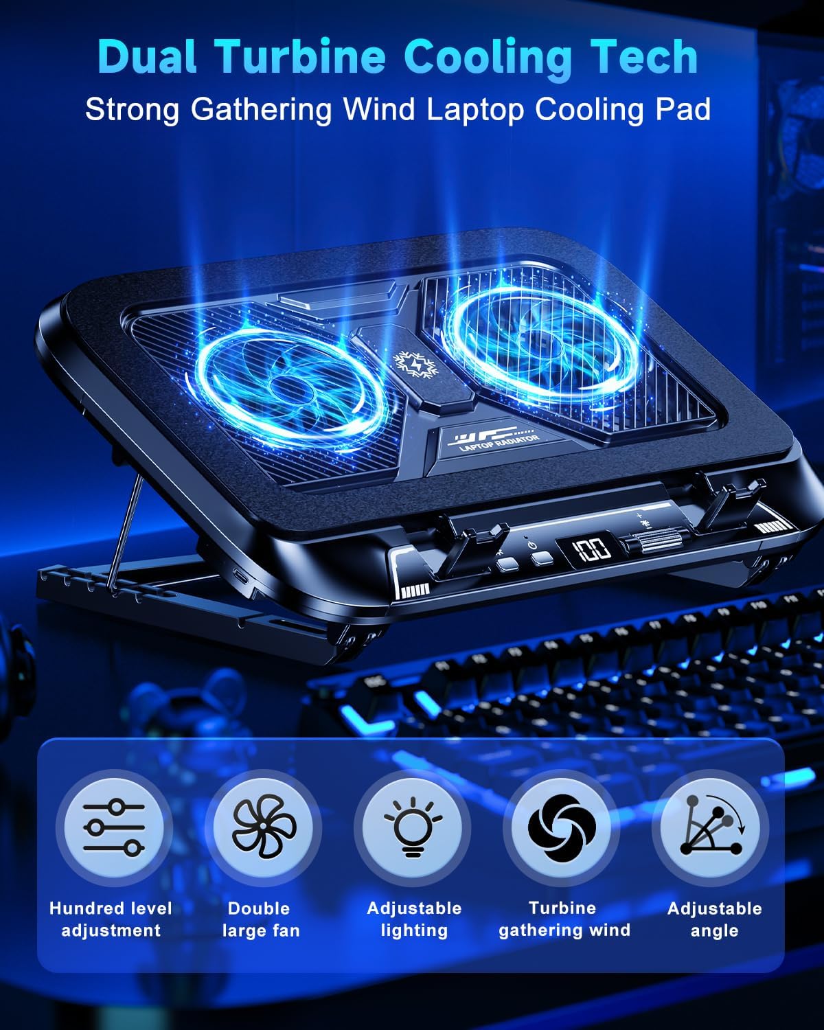 Laptop Cooling Pad with Dual Core Cooler, Gaming Laptop Cooler with 5.5in 2 Powerful Turbofan(9500 RPM), Fast Cooling Laptop 12-21in, 5 Height Stands, 100 Gear Speed, LCD Screen, RGB, Phone Holder