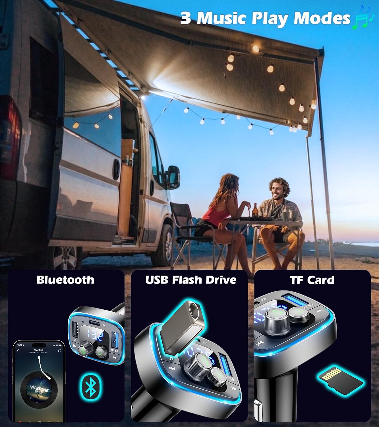 LIHAN Bluetooth Car Adapter 5.4, FM Transmitter, 48W PD/QC Charger | Enjoy Bluetooth music, GPS navigation and hands-free calling while charging devices with powerful 48W PD/QC fast charging