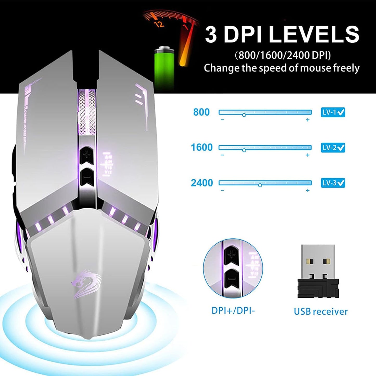 TENMOS T12 Wireless Gaming Mouse, Silent Rechargeable Computer Mice-Silver | 2.4GHz Optical, 7 Color LED Lights, Quiet Click,Side Buttons,3 Adjustable DPI,Ergonomic Design, Nano Receiver,USB C Charging