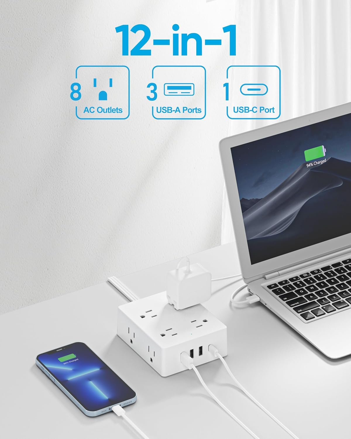 Olcorife Flat Plug Power Strip with 10 FT Extension Cord, 8 Outlets 4 USB Ports(1 USB C), 3 Sided Outlet Extender for Home Office Travel Dorm Room Essentials, White