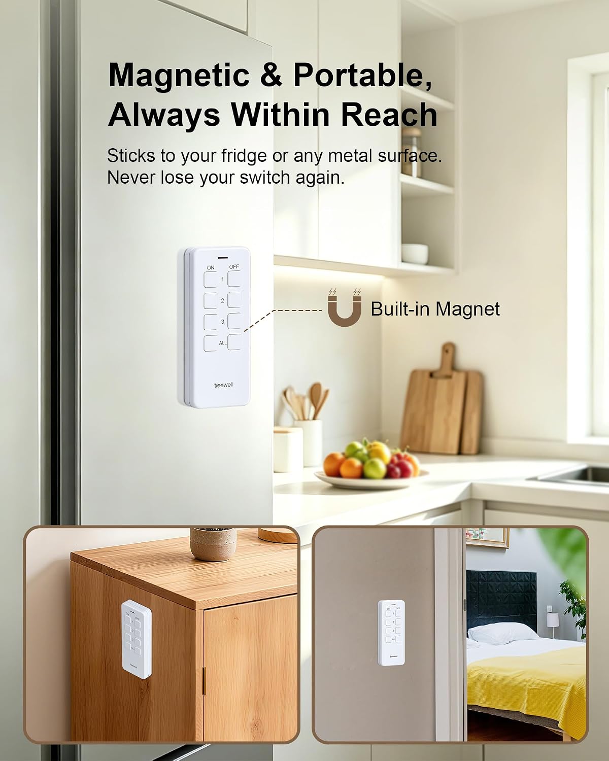 Remote Control Outlet with All ON/Off Portable Magnetic Switch | 200FT Wireless Range, Mini Round Outlet Plug, 15A/1875W, for Lamps/Lights/Household Appliances, FCC listed, Pre-Programmed