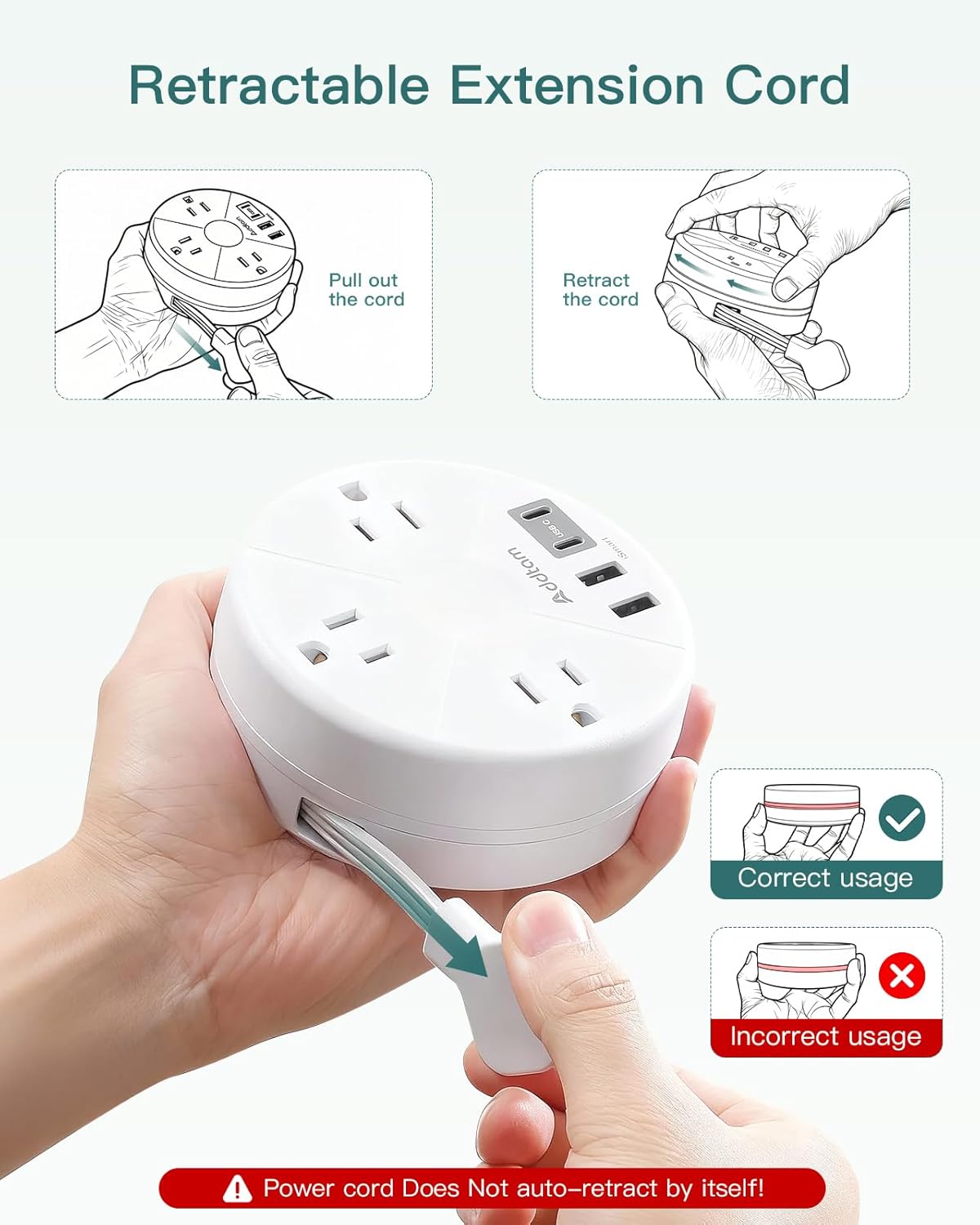 Travel Esstentials - Cruise Approved Power Strip with 5ft Retractable Cord | Ultra Thin Flat Plug, Addtam 3 Outlets 4 USB (2 USB C), Non Surge Protector for Travel/Cruise/Home/Dorm/Office, ETL Listed