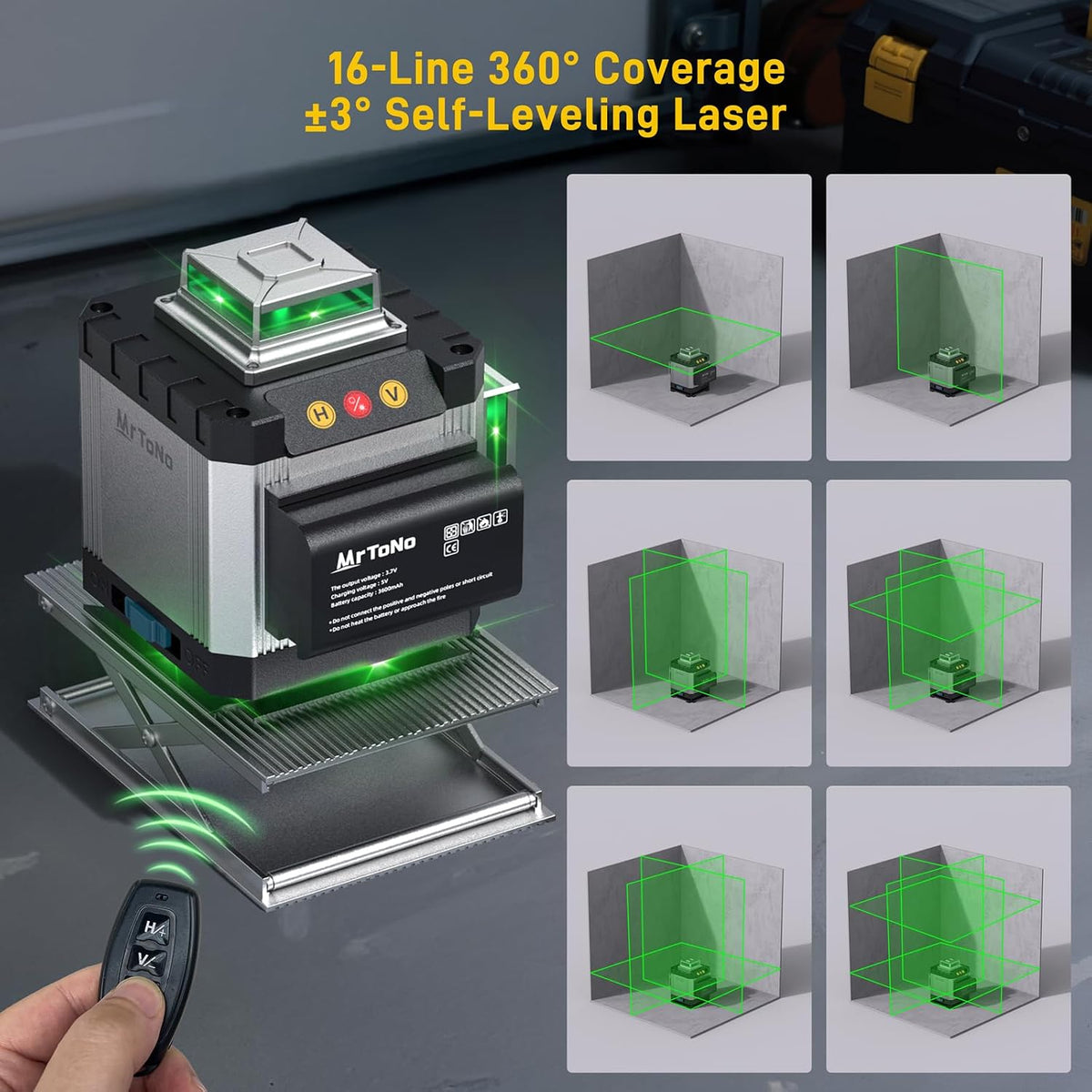 Laser Level, MrToNo 4 x 360 °laser level 360 self leveling 16 Lines 4D | tool Green 360 laser level , for Construction, Ceiling, Tiling, Framing, Home Renovation, Picture Hanging