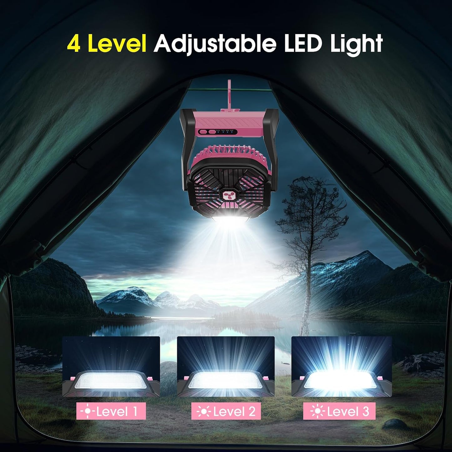 Peouix Portable Rechargeable Fan, 20000mAh Cordless Battery Powered Camping Tent Fans with LED Lantern, Operated Outdoor Ventiladores for Travel Camp Fishing Office Home Essentials | Pink