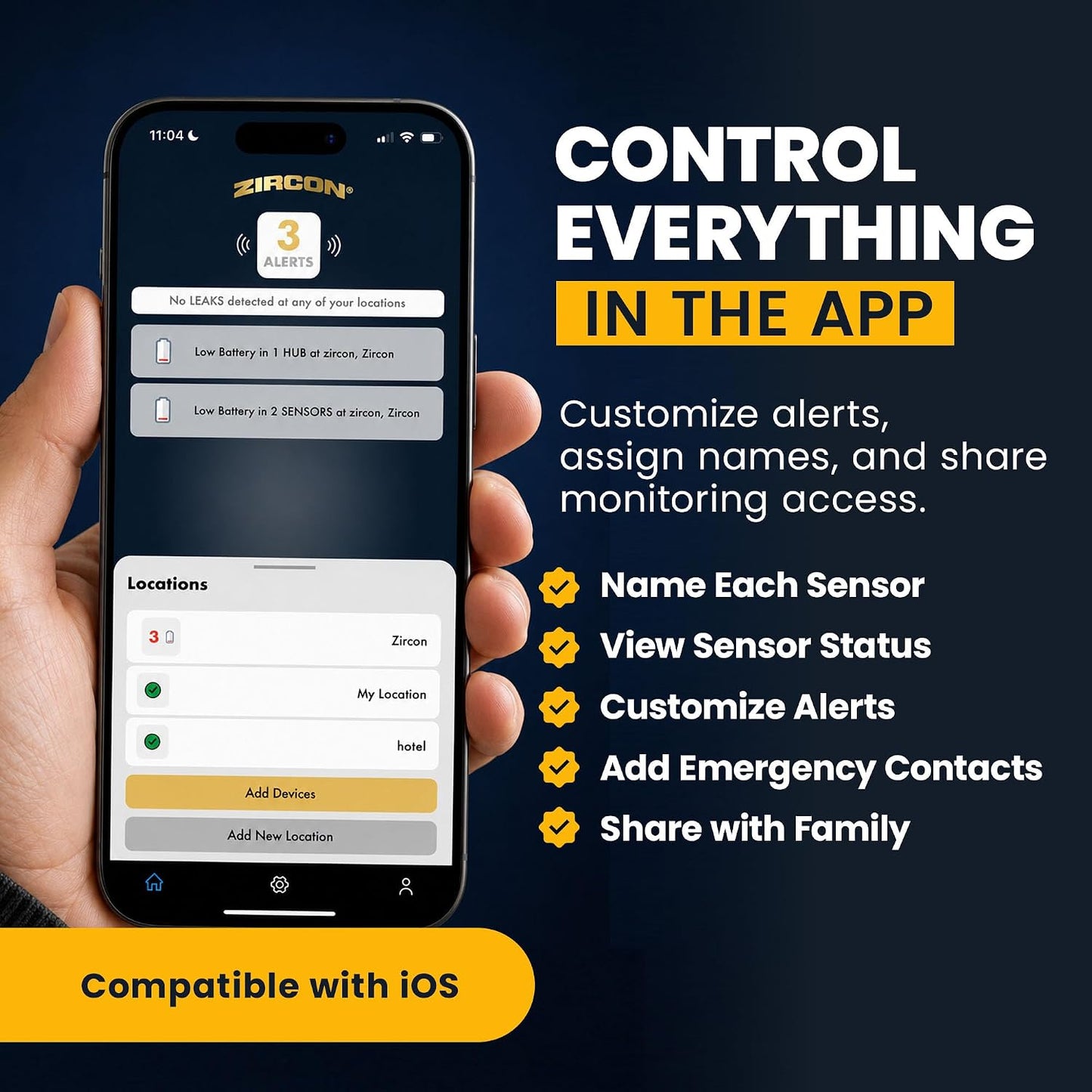 Zircon® Leak Alert 360™ Smart Water Leak Detector Kit, 2 Sensors, iOS Only | Smart water leak detection system with real-time mobile alerts for basements, kitchens and bathrooms, includes 2 sensors