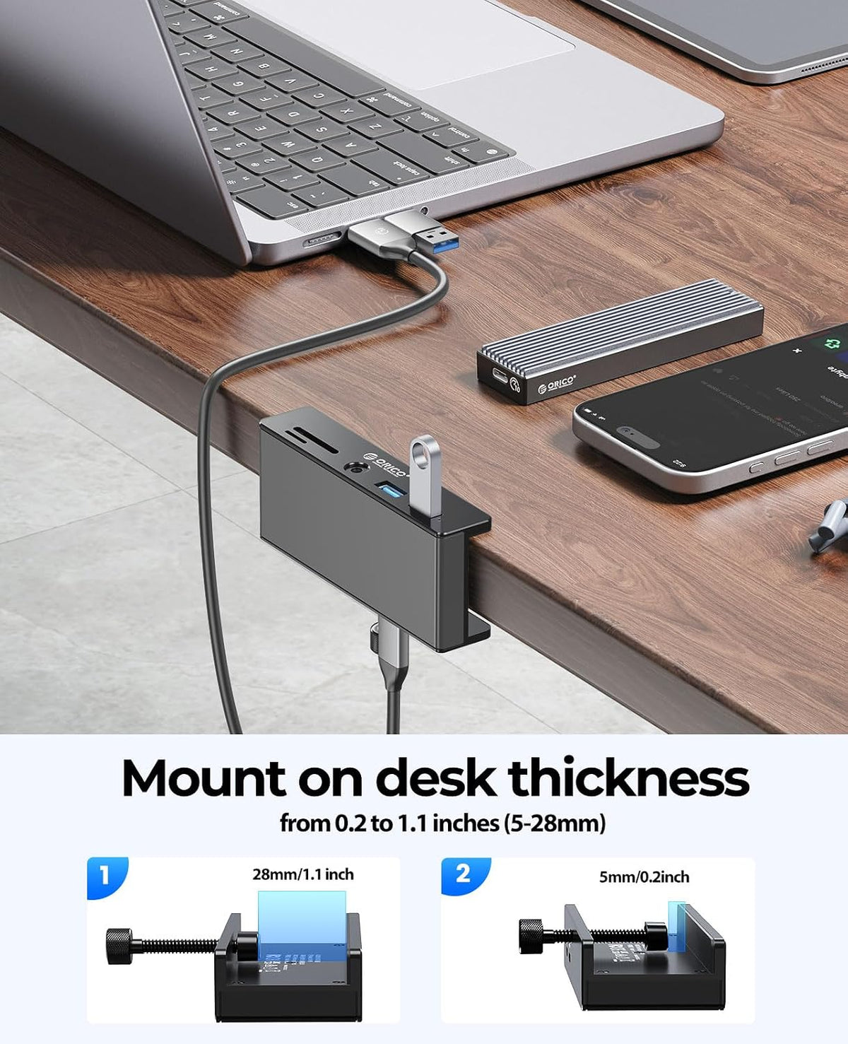 ORICO USB Hub 3.0, 5 Ports Clamp USB Hub with Extra Power Port
