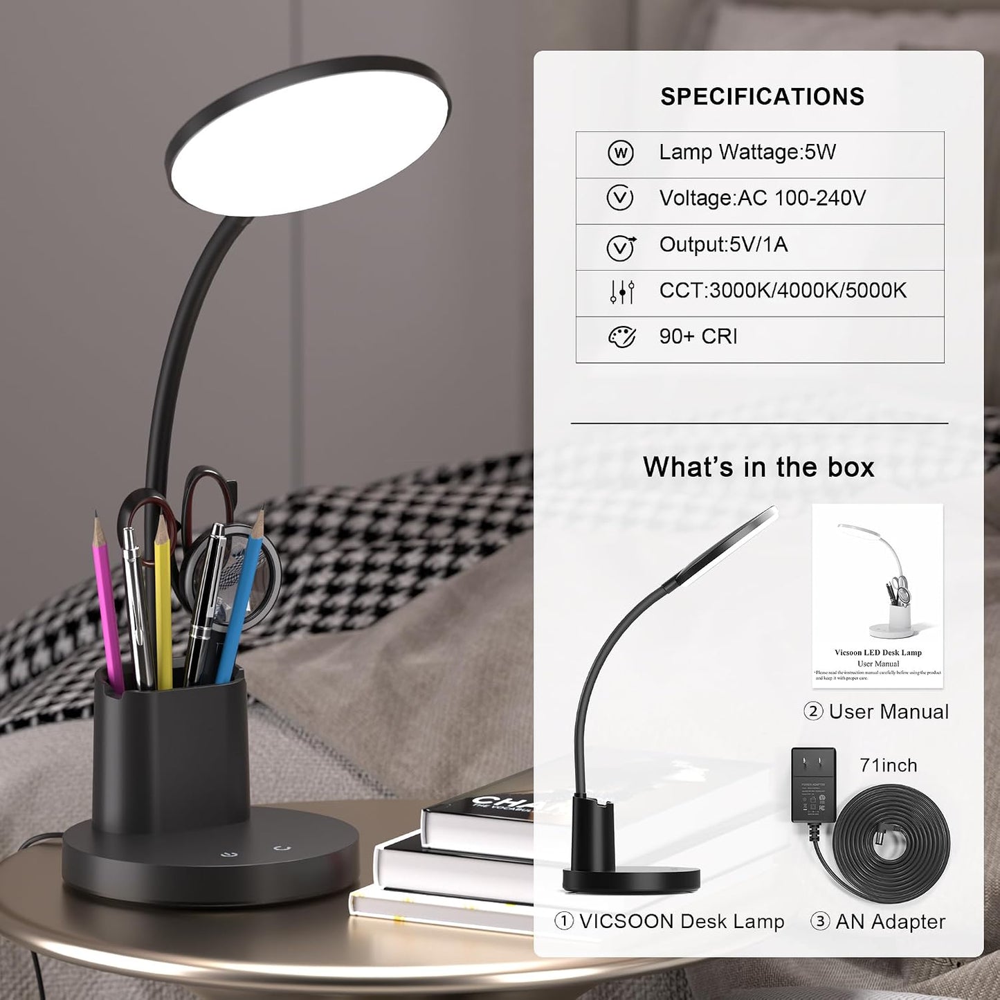 LED Desk Lamp for College Dorm with Pen Phone Holder, Black | 3 Color Modes Dimmable Desk Light, College Dorm Essentials, 360° Adjustable Arm, Eye-caring Bedside Reading Lamp, 800 Lumen