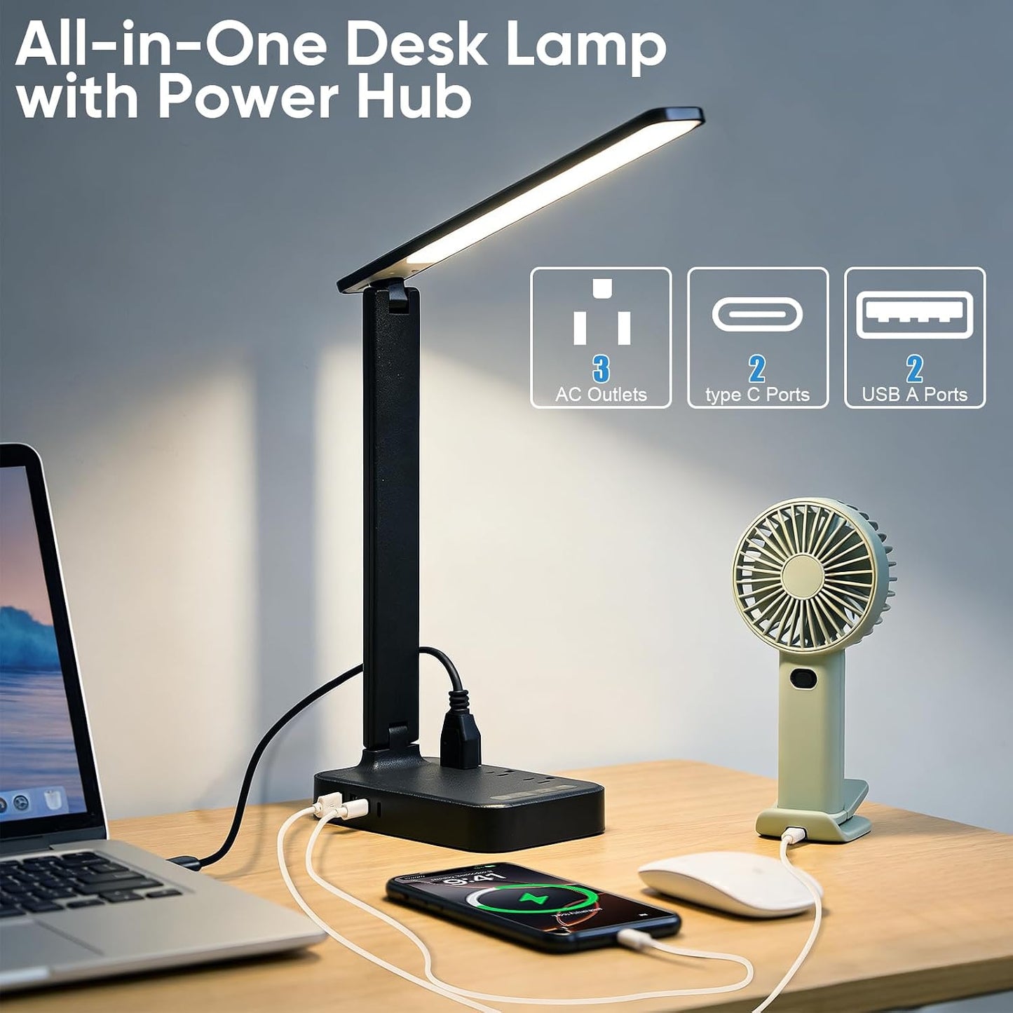 karidi LED Desk Lamp with Power Strip, 3 AC Outlets & 4 USB Ports (2 USB-C), Eye-Caring Task Light, 5 Color Modes 5 Brightness Dimmable, Sturdy Base Home Office Dorm Room Essentials