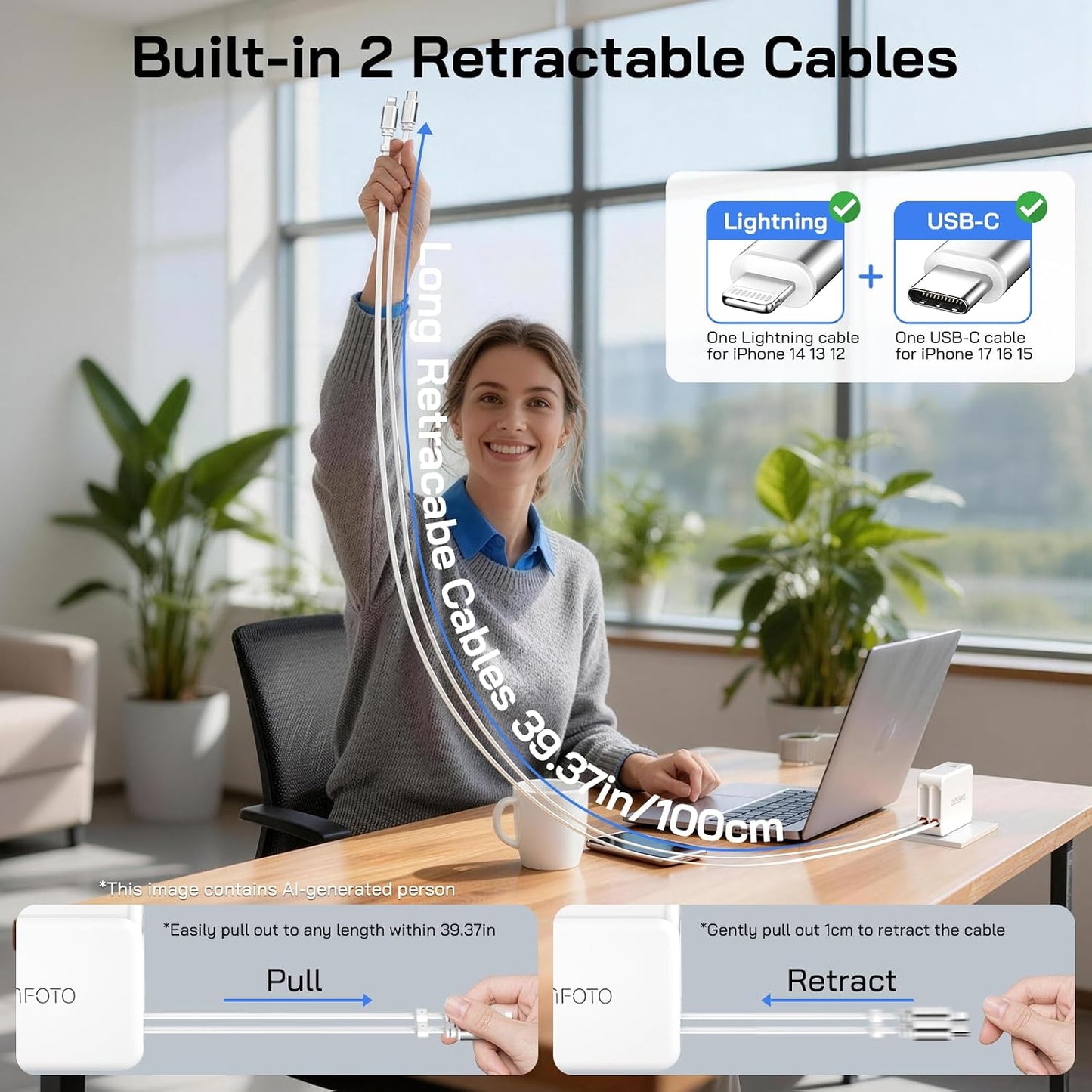 5-in-1 Retractable Wall Charger with Dual Cables, 50W Retractable Phone Charger with 3.3FT USB C & Lightening Cables,30W Fast Charging Block Wall Plug for iPhone 17 16 15 14 13,G-alaxy S26 S25,i Pad