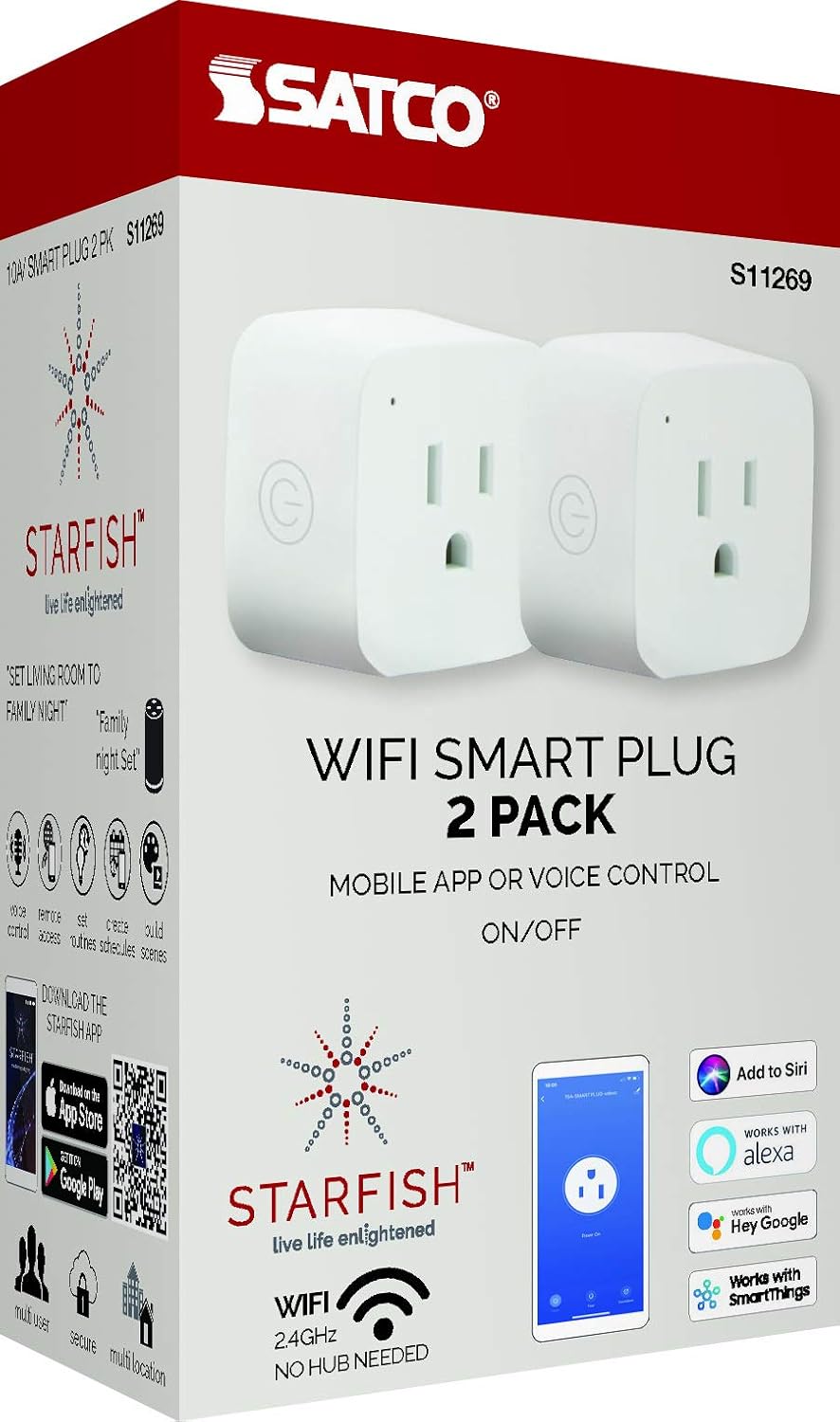 Satco S11269 Starfish 2-Inch Mini-Square On/Off WiFi Smart Plug Outlet, Works with Siri, Alexa, Google Assistant, SmartThings, White, 2 Pack