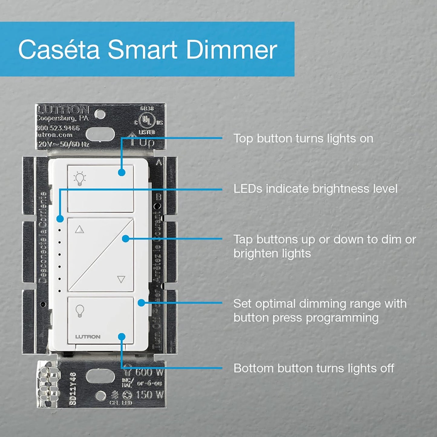 Lutron Caseta Smart Dimmer Switch (Smart Hub Required), No Neutral Required | For Caseta Systems, for Dimmable LED Lights, 150 Watt, Single-Pole/3-Way, PD-6WCL-WH, White